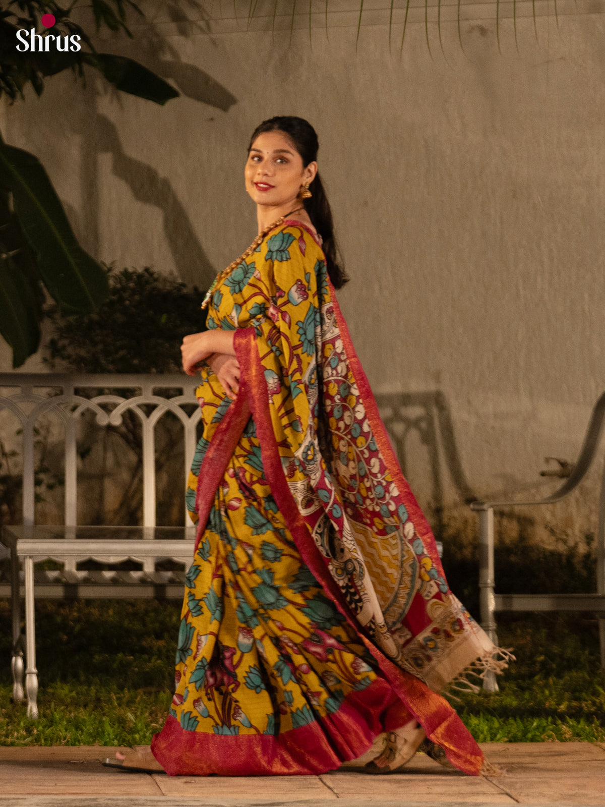 Yellow & Pink - Kalamkari Printed Mangalagiri silkcotton Saree - Shop on Shrus.com