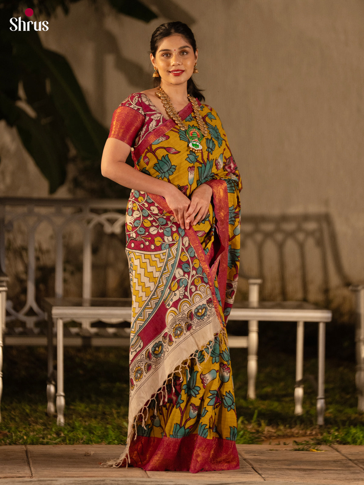 Yellow & Pink - Kalamkari Printed Mangalagiri silkcotton Saree - Shop on Shrus.com