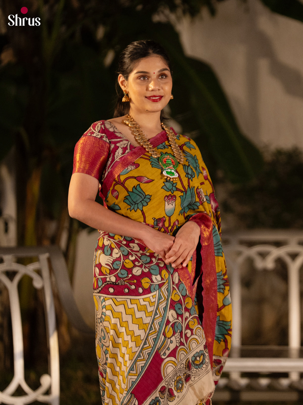 Yellow & Pink - Kalamkari Printed Mangalagiri silkcotton Saree - Shop on Shrus.com