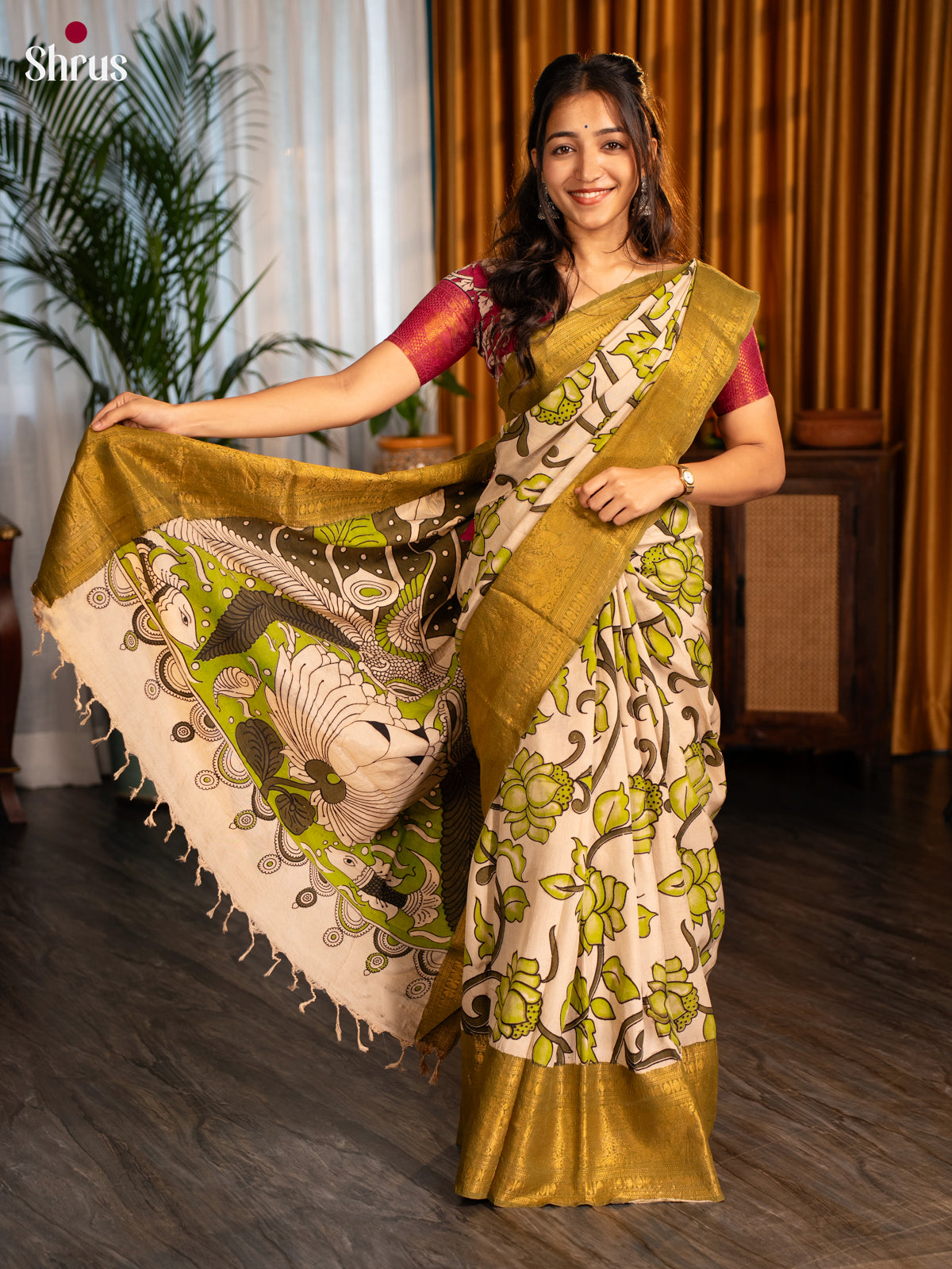 Cream & Green -Kalamkari printed Mangalagiri silkcotton Saree - Shop on Shrus.com
