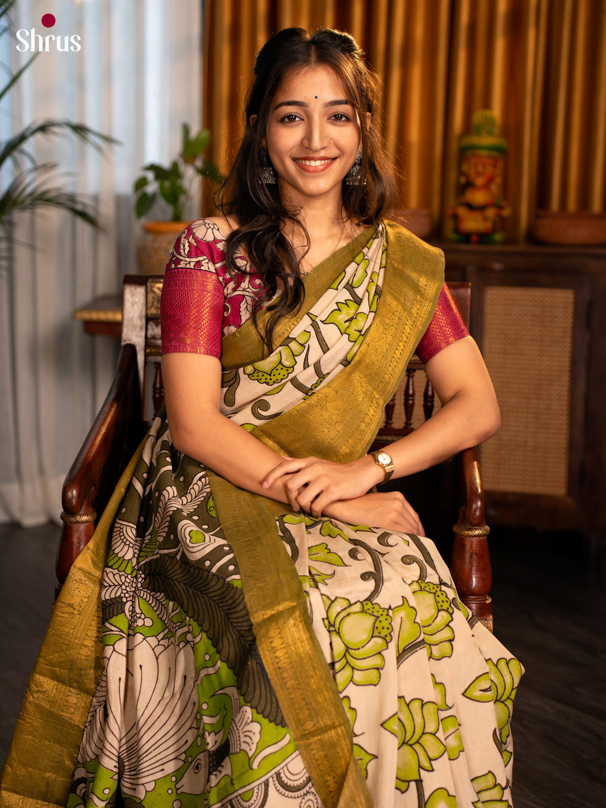 Cream & Green -Kalamkari printed Mangalagiri silkcotton Saree - Shop on Shrus.com
