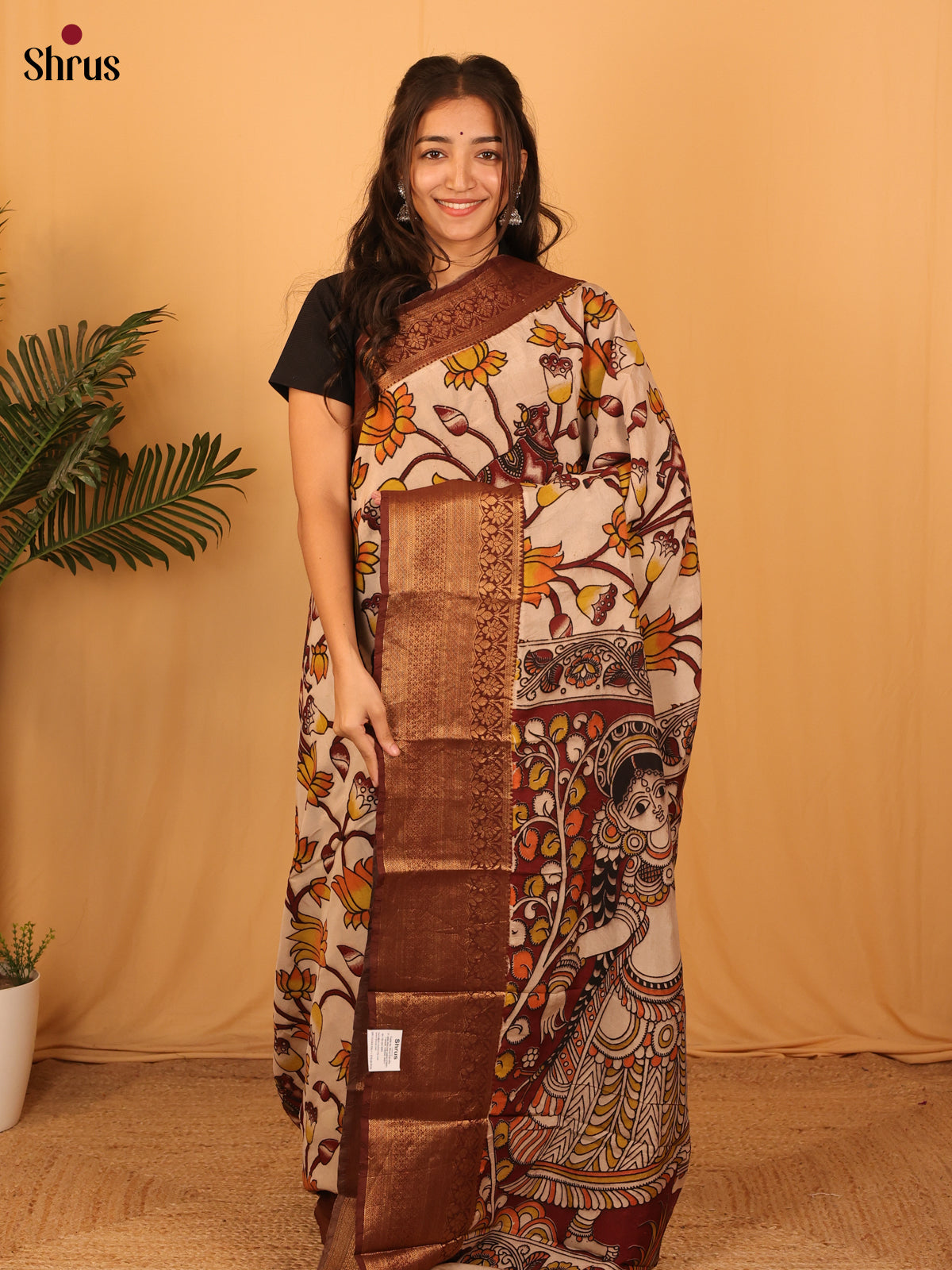 Lite Brown & Maroon - Kalamkari printed Mangalagiri silkcotton Saree - Shop on Shrus.com