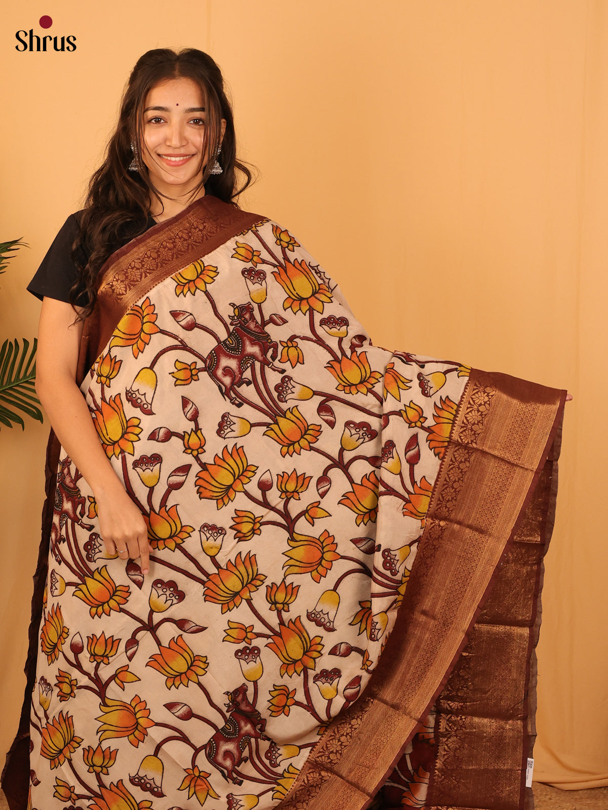 Lite Brown & Maroon - Kalamkari printed Mangalagiri silkcotton Saree - Shop on Shrus.com