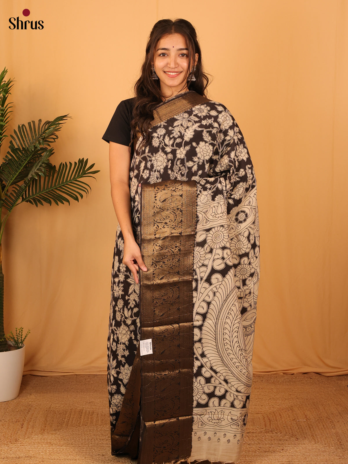 Black & Cream - Kalamkari Printed Mangalagiri silkcotton Saree - Shop on Shrus.com