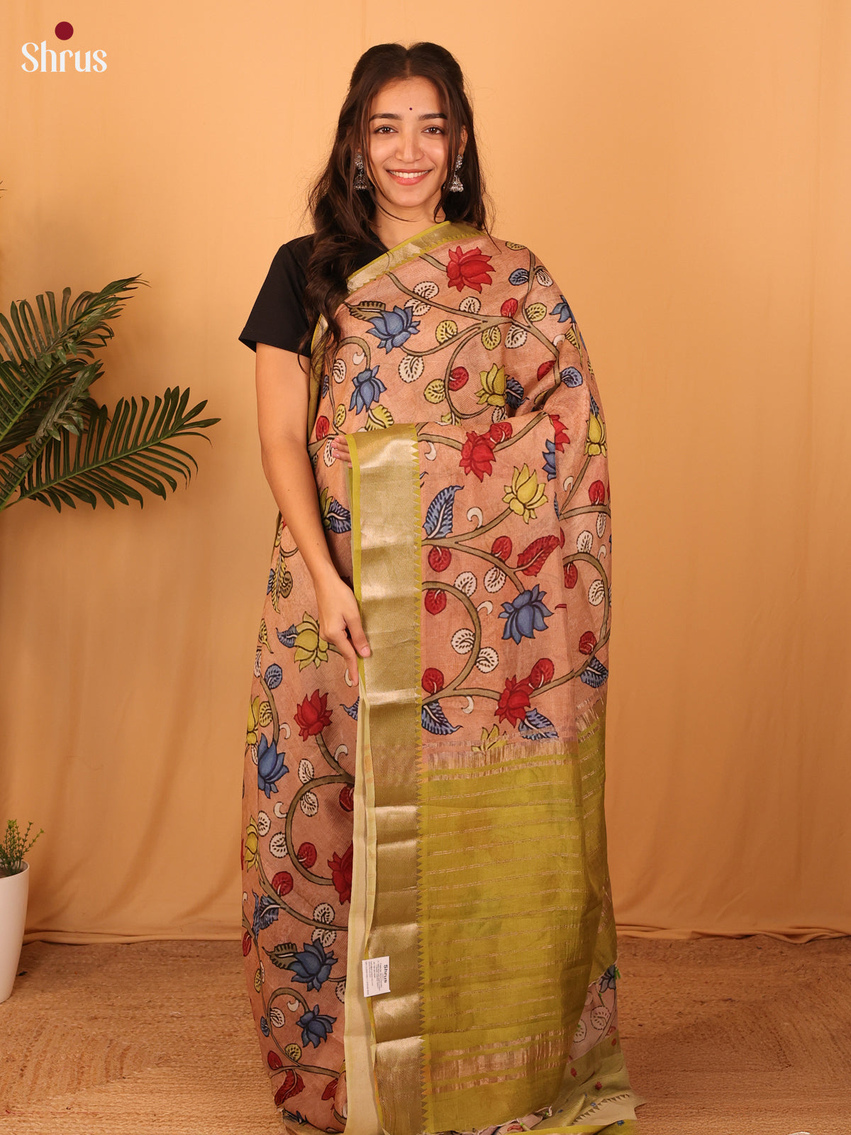Brown & Green -Kalamkari printed Mangalagiri silkcotton Saree - Shop on Shrus.com