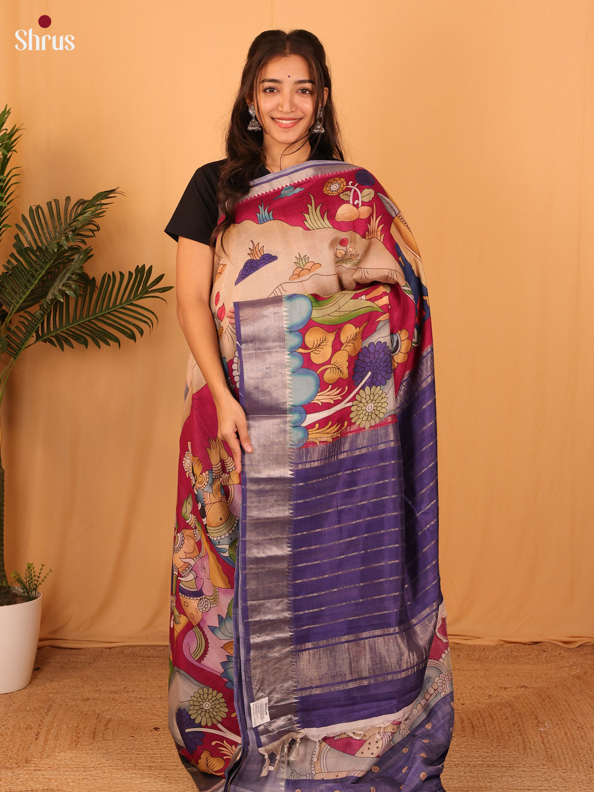 Majenta & Purple - Digital Printed Mangalagiri silkcotton Saree - Shop on Shrus.com