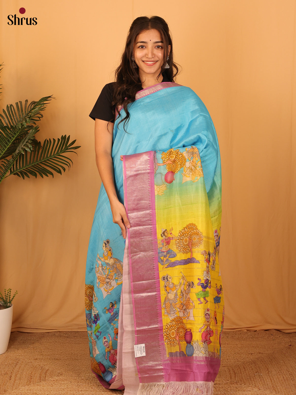 Blue & Pink - Digital Printed Mangalagiri silkcotton Saree - Shop on Shrus.com