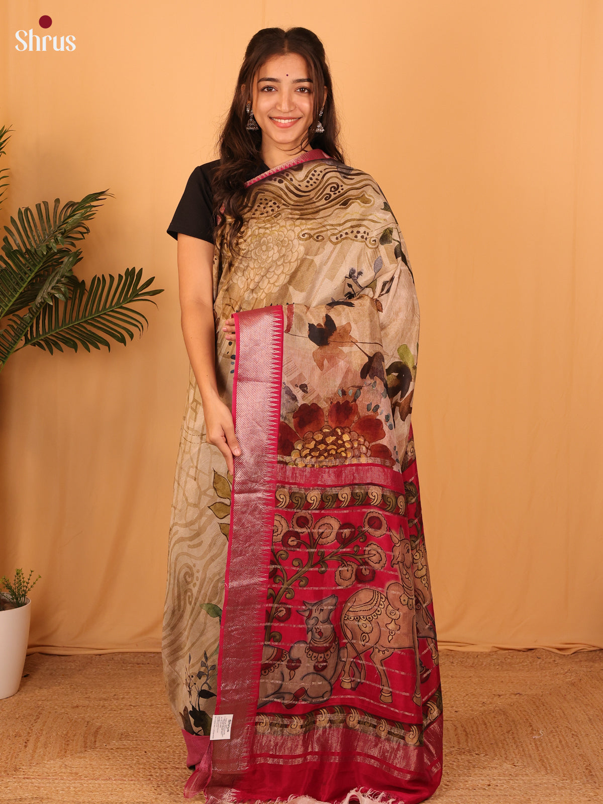 Brown & Maroon - Digital Printed Mangalagiri silkcotton Saree with silver Zari Border - Shop on Shrus.com