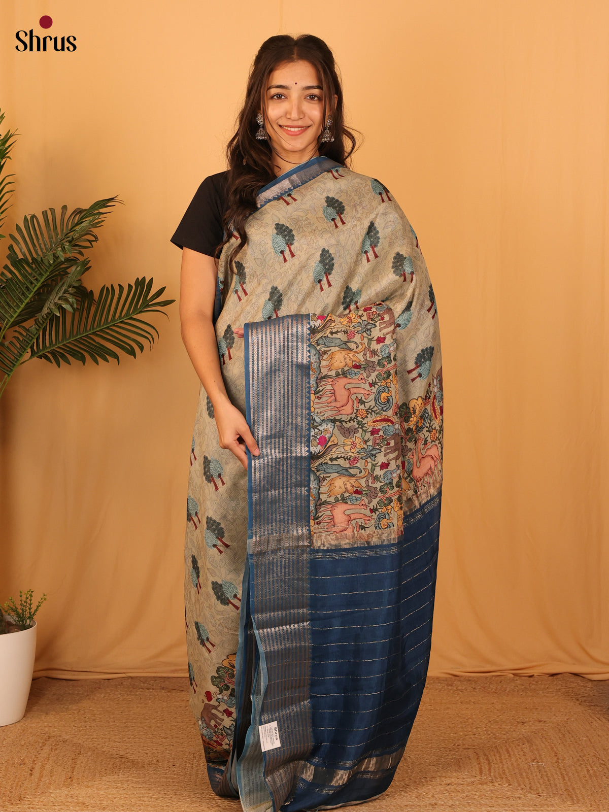 Grey & Blue - Digital Printed Mangalagiri silkcotton Saree with Silver Zari Border - Shop on Shrus.com