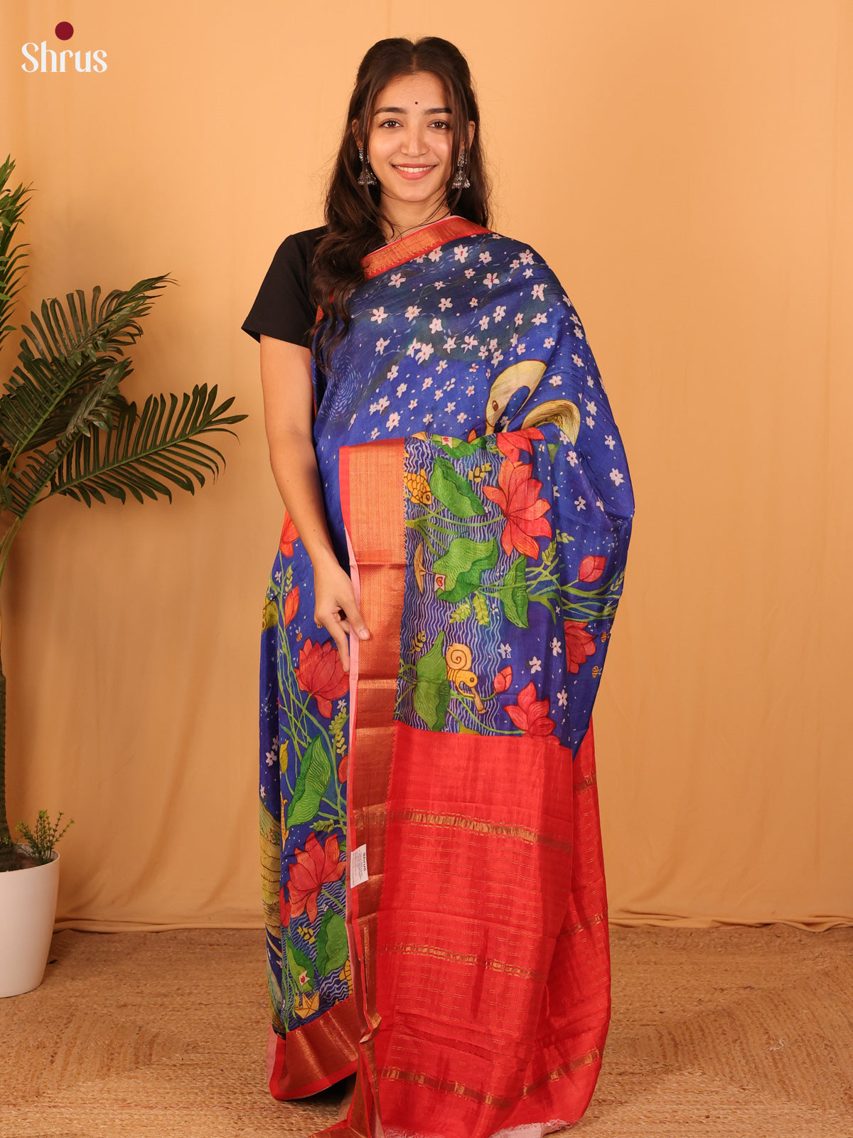 Blue & Red -Digital Printed Mangalagiri silkcotton Saree - Shop on Shrus.com
