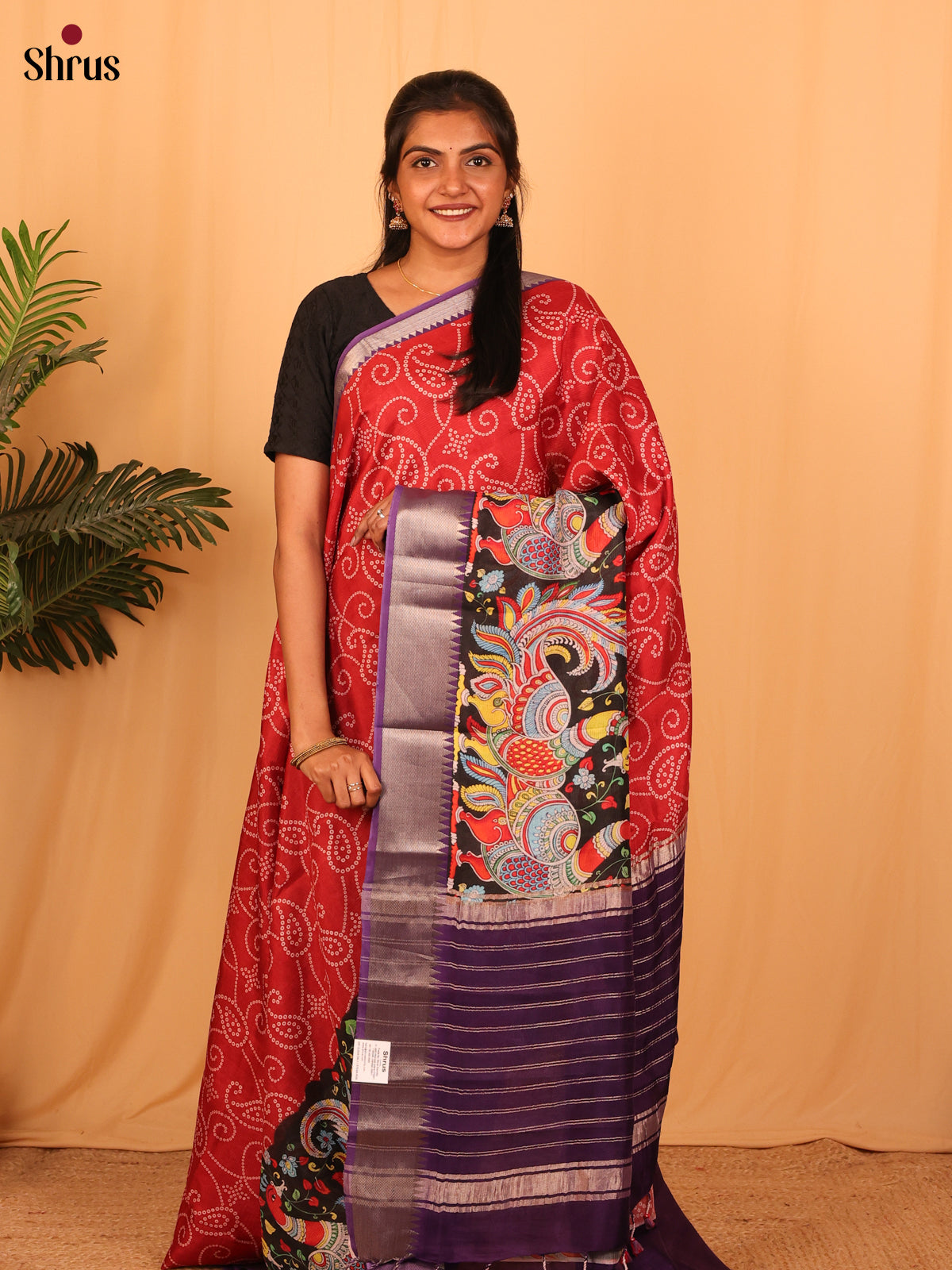 Red & Purple - Digital Printed Mangalagiri silkcotton Saree - Shop on Shrus.com