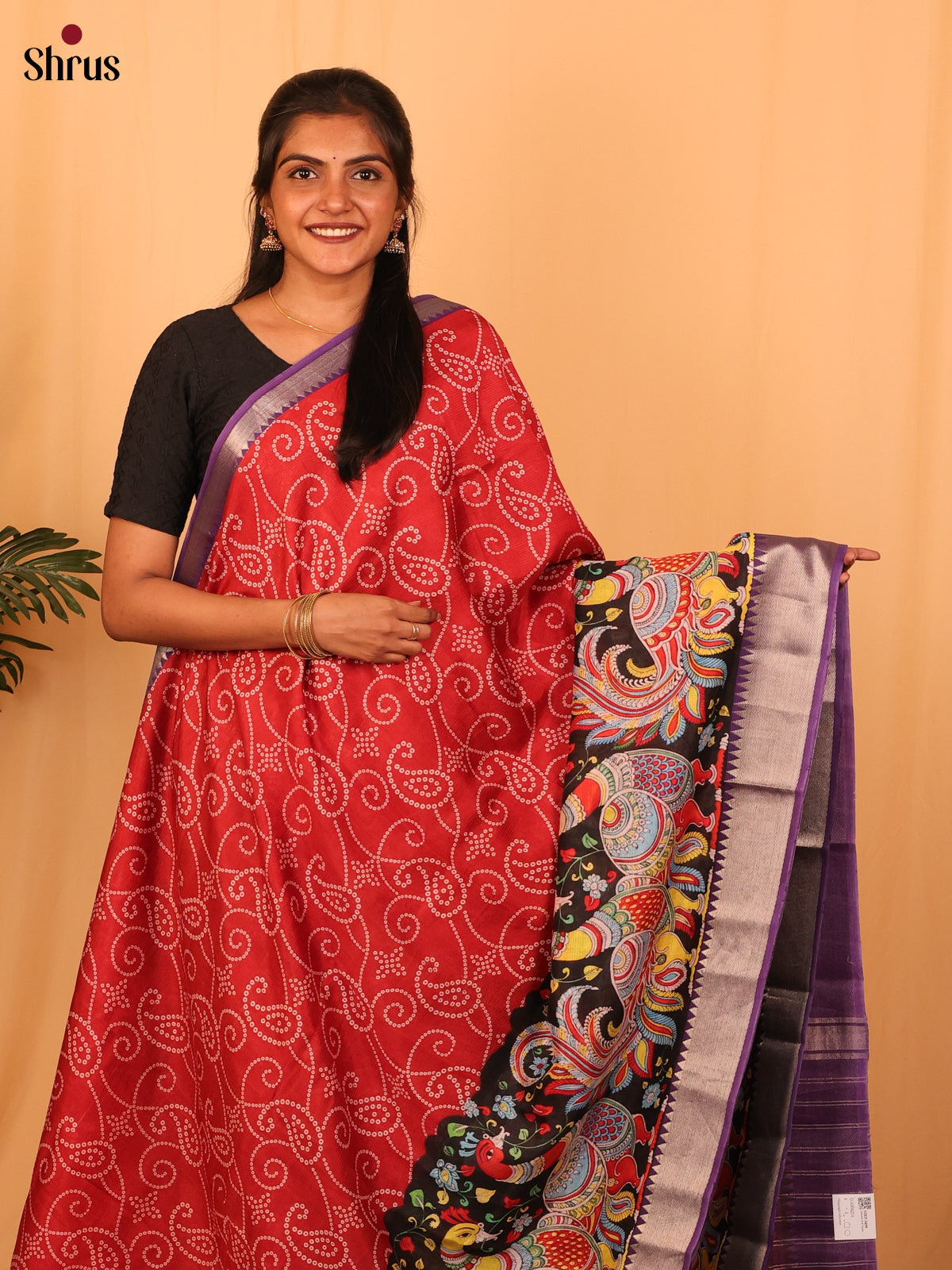 Red & Purple - Digital Printed Mangalagiri silkcotton Saree - Shop on Shrus.com