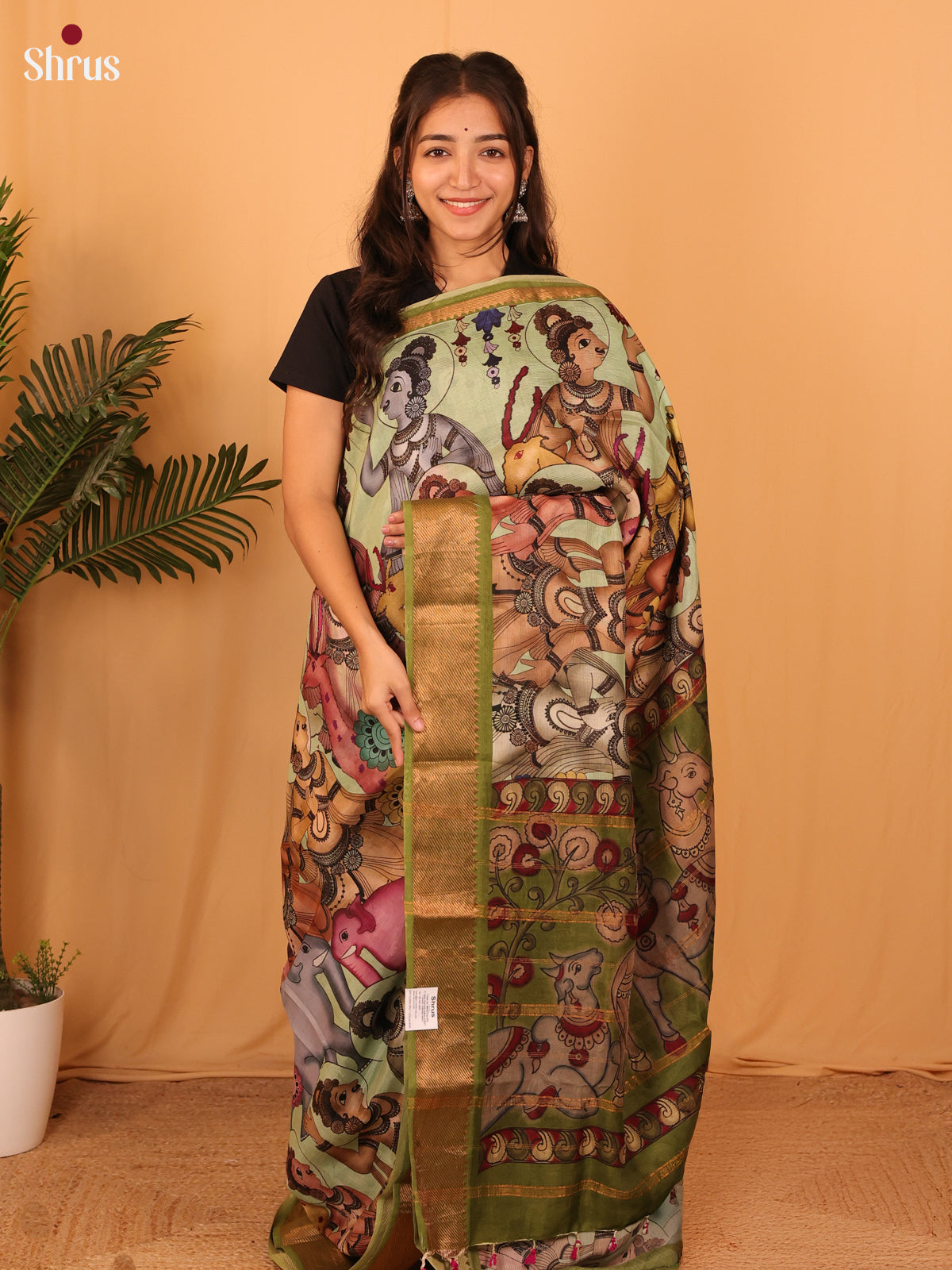 Pastel Green & Green - Digital Printed Mangalagiri silkcotton Saree - Shop on Shrus.com
