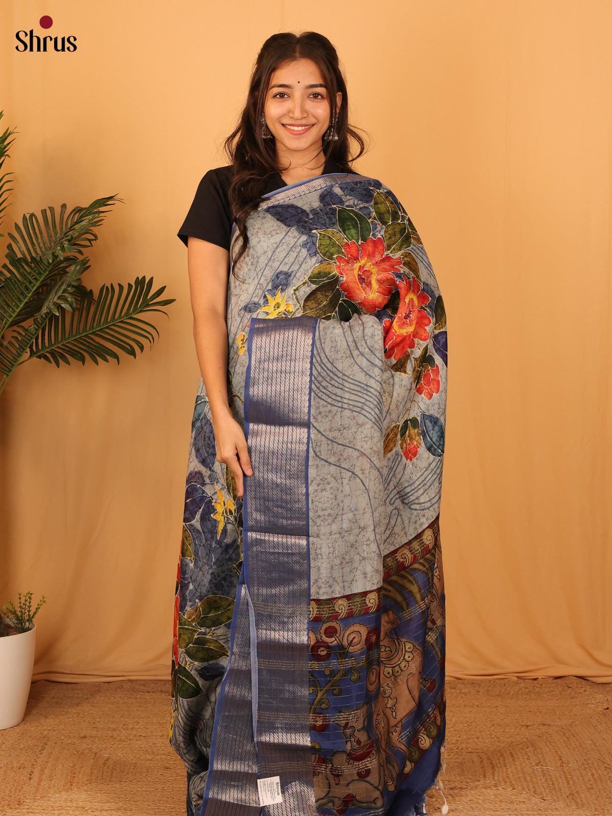 grey & Purple- Digital Printed Mangalagiri silkcotton Saree with silver Zari Border - Shop on Shrus.com