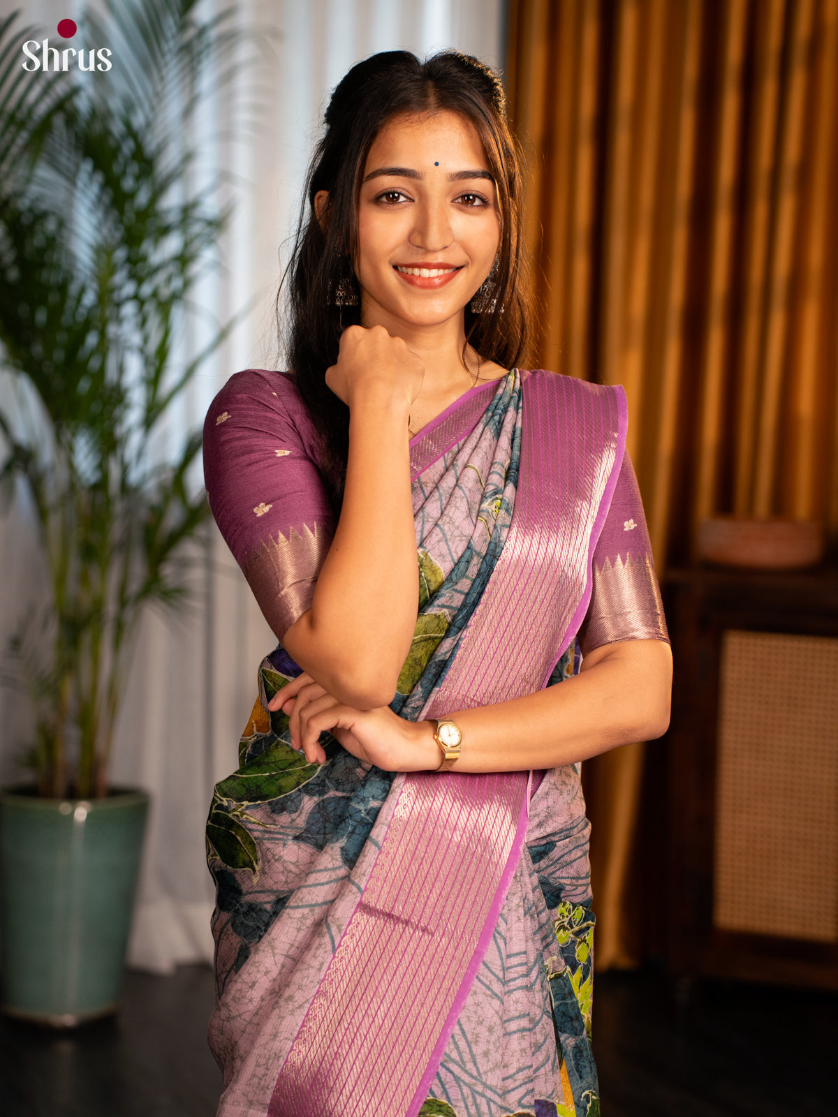 Dusty Pink & Purple - Digital Printed Mangalagiri silkcotton Saree with Silver Zari Border - Shop on Shrus.com