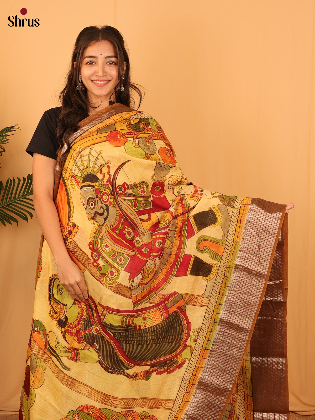 Yellow & Brown - Digital Printed Mangalagiri silkcotton Saree with silver zari border - Shop on Shrus.com