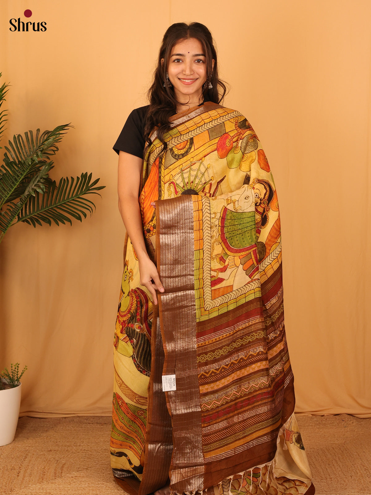 Yellow & Brown - Digital Printed Mangalagiri silkcotton Saree with silver zari border - Shop on Shrus.com