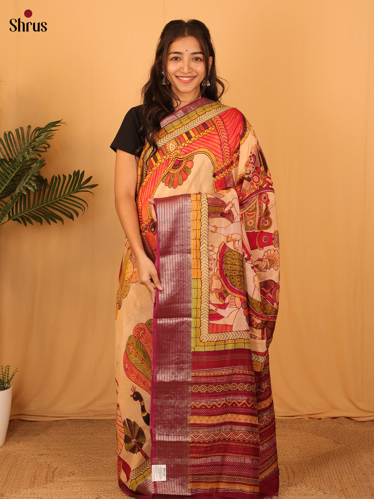 Sandal & Maroon - Digital printed Mangalagiri silkcotton Saree with Silver Zari - Shop on Shrus.com