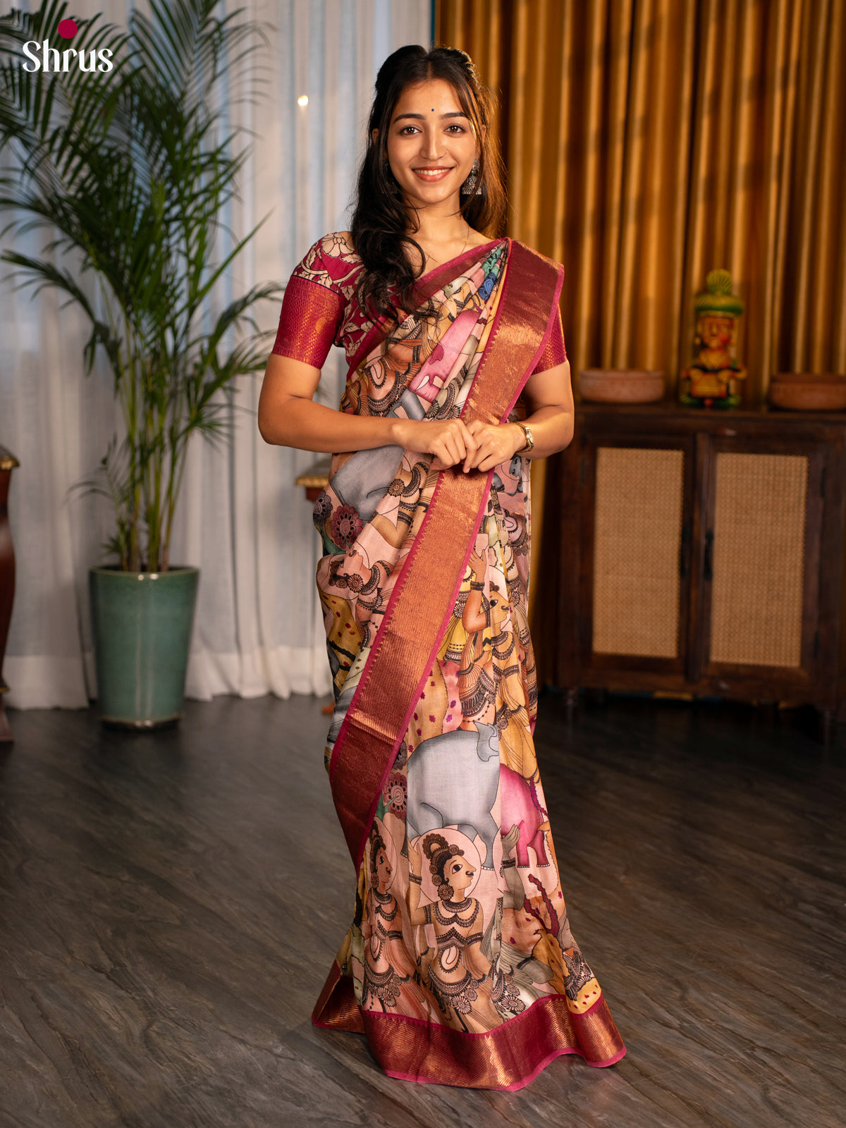 Pink & Maroon- Digital Printed Mangalagiri silkcotton Saree - Shop on Shrus.com