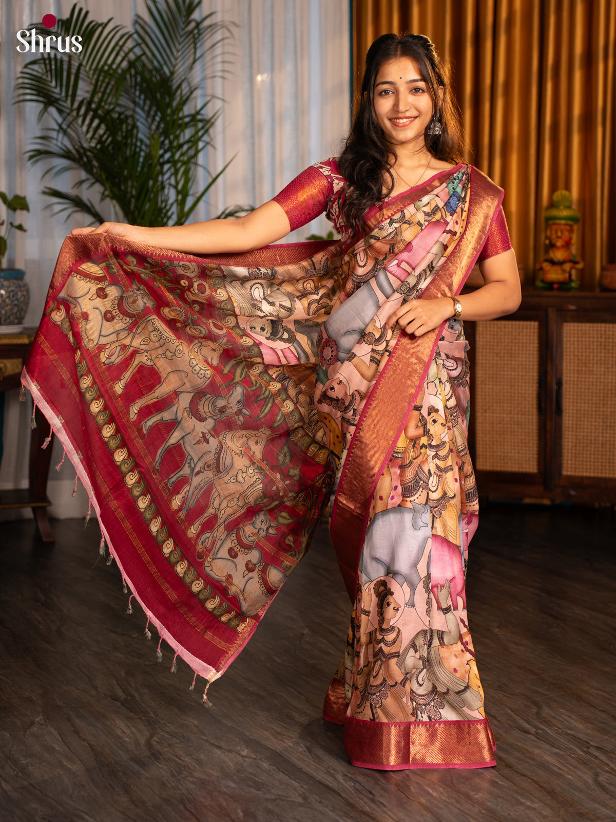Pink & Maroon- Digital Printed Mangalagiri silkcotton Saree - Shop on Shrus.com