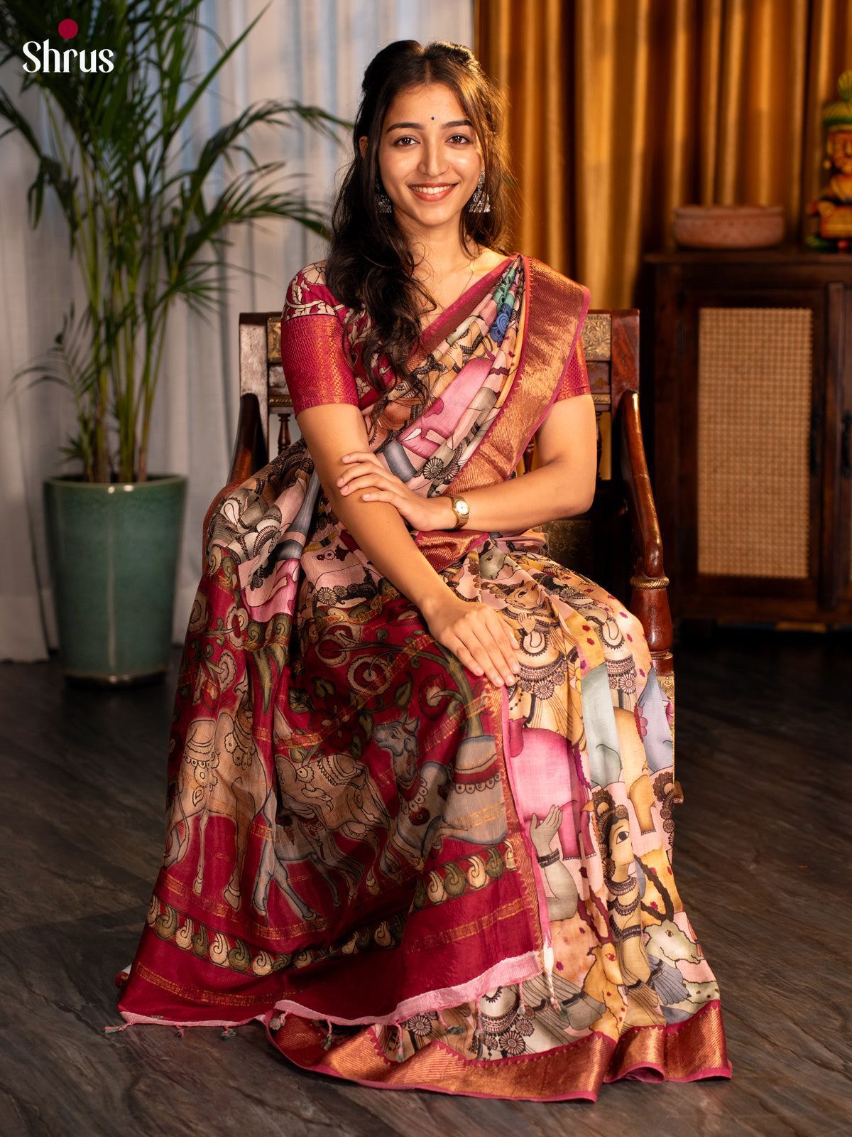Pink & Maroon- Digital Printed Mangalagiri silkcotton Saree - Shop on Shrus.com