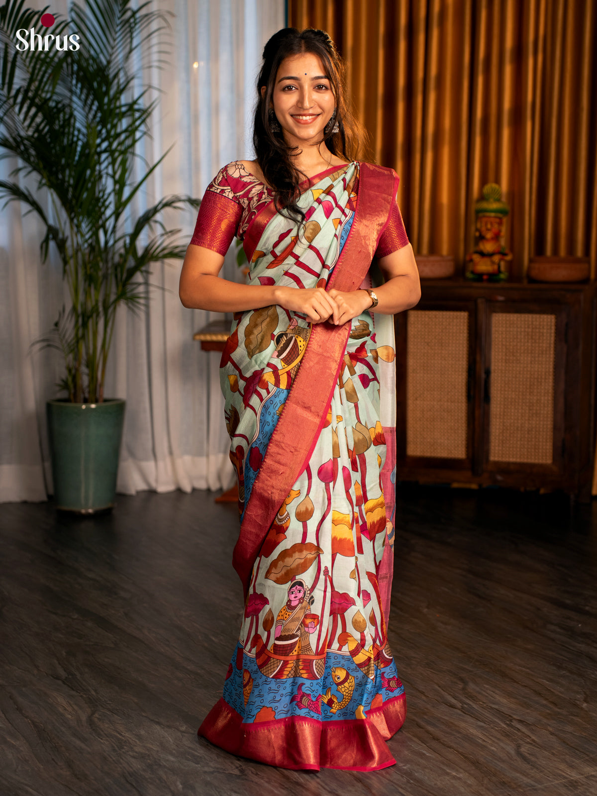 Pastel Blue & Maroon -Digital printed Mangalagiri silkcotton Saree - Shop on Shrus.com