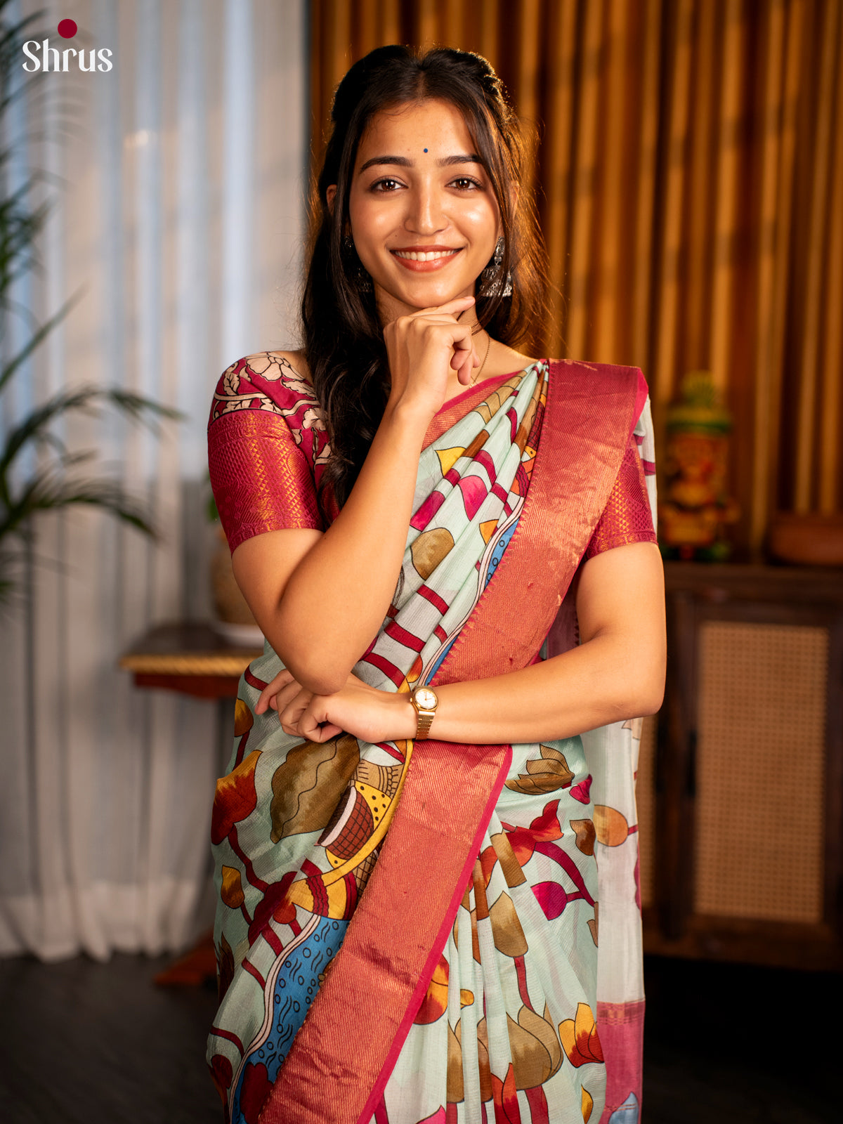Pastel Blue & Maroon -Digital printed Mangalagiri silkcotton Saree - Shop on Shrus.com