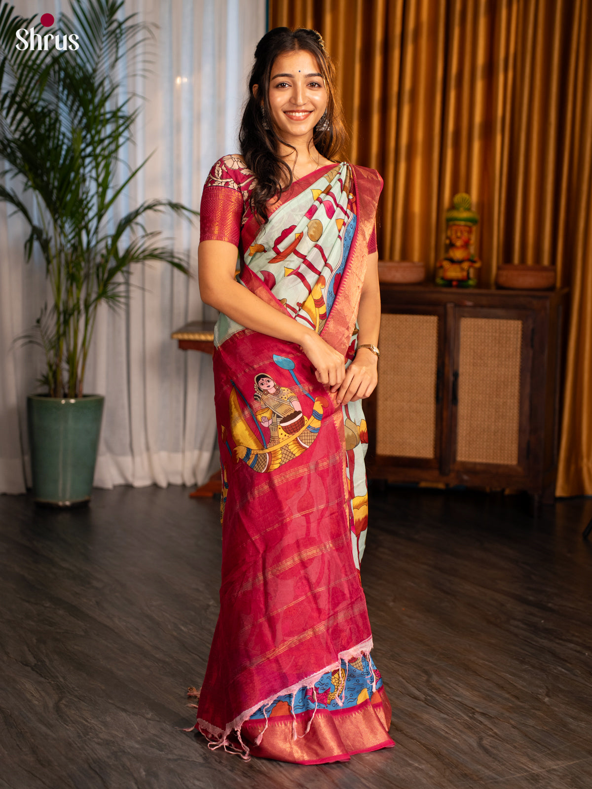 Pastel Blue & Maroon -Digital printed Mangalagiri silkcotton Saree - Shop on Shrus.com