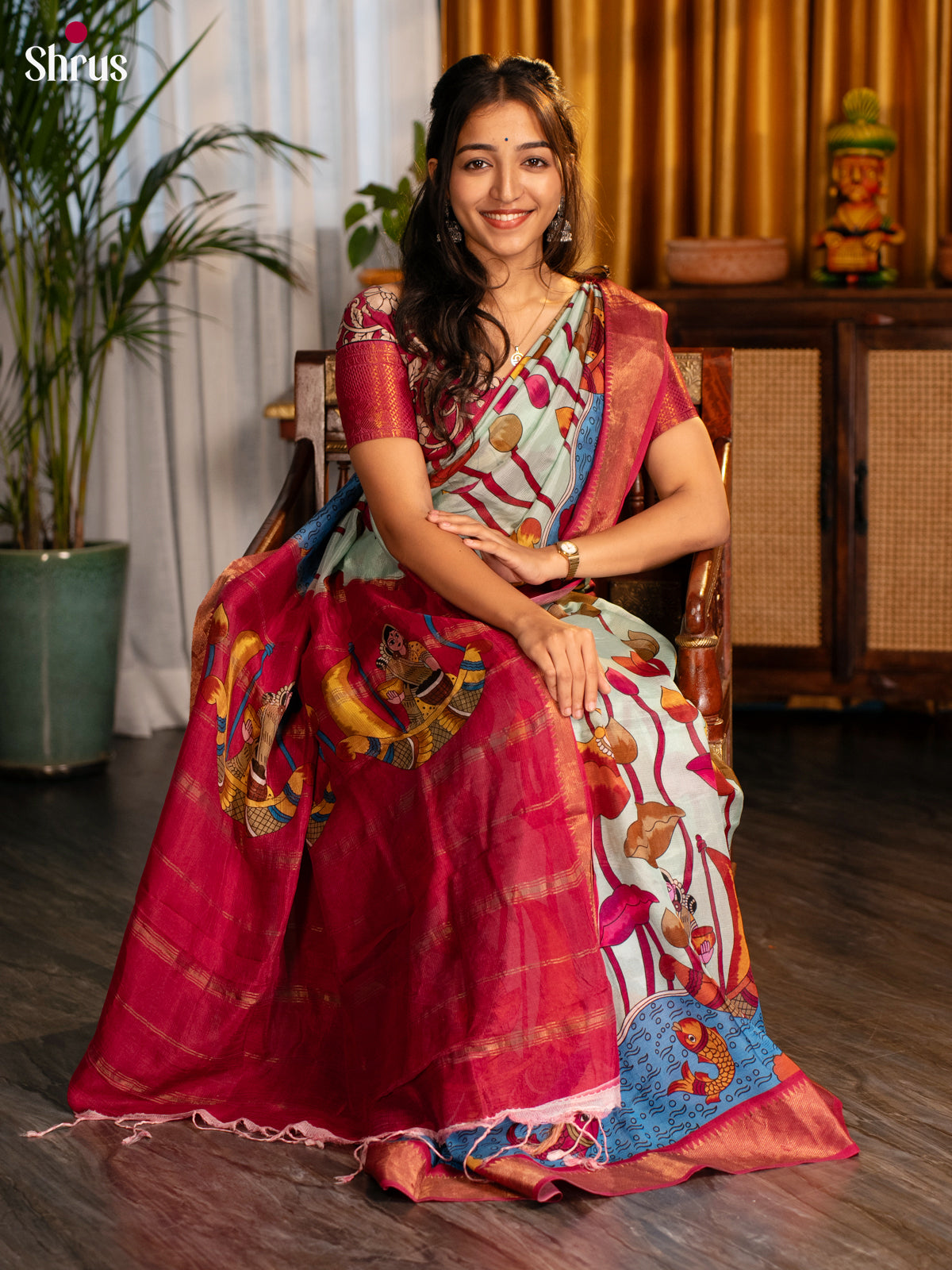 Pastel Blue & Maroon -Digital printed Mangalagiri silkcotton Saree - Shop on Shrus.com