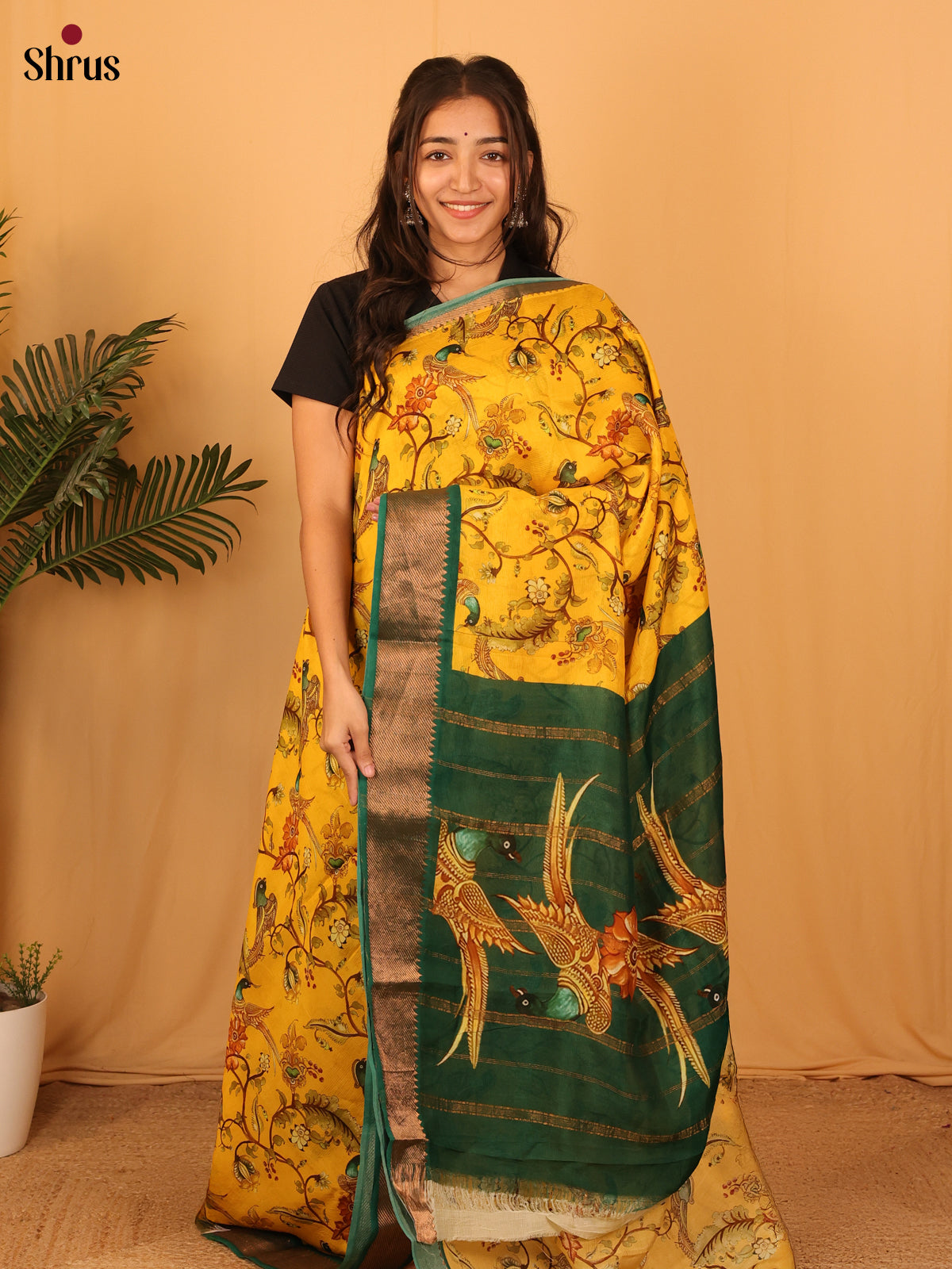 Yellow & Green-Digital Printed Mangalagiri silkcotton Saree - Shop on Shrus.com
