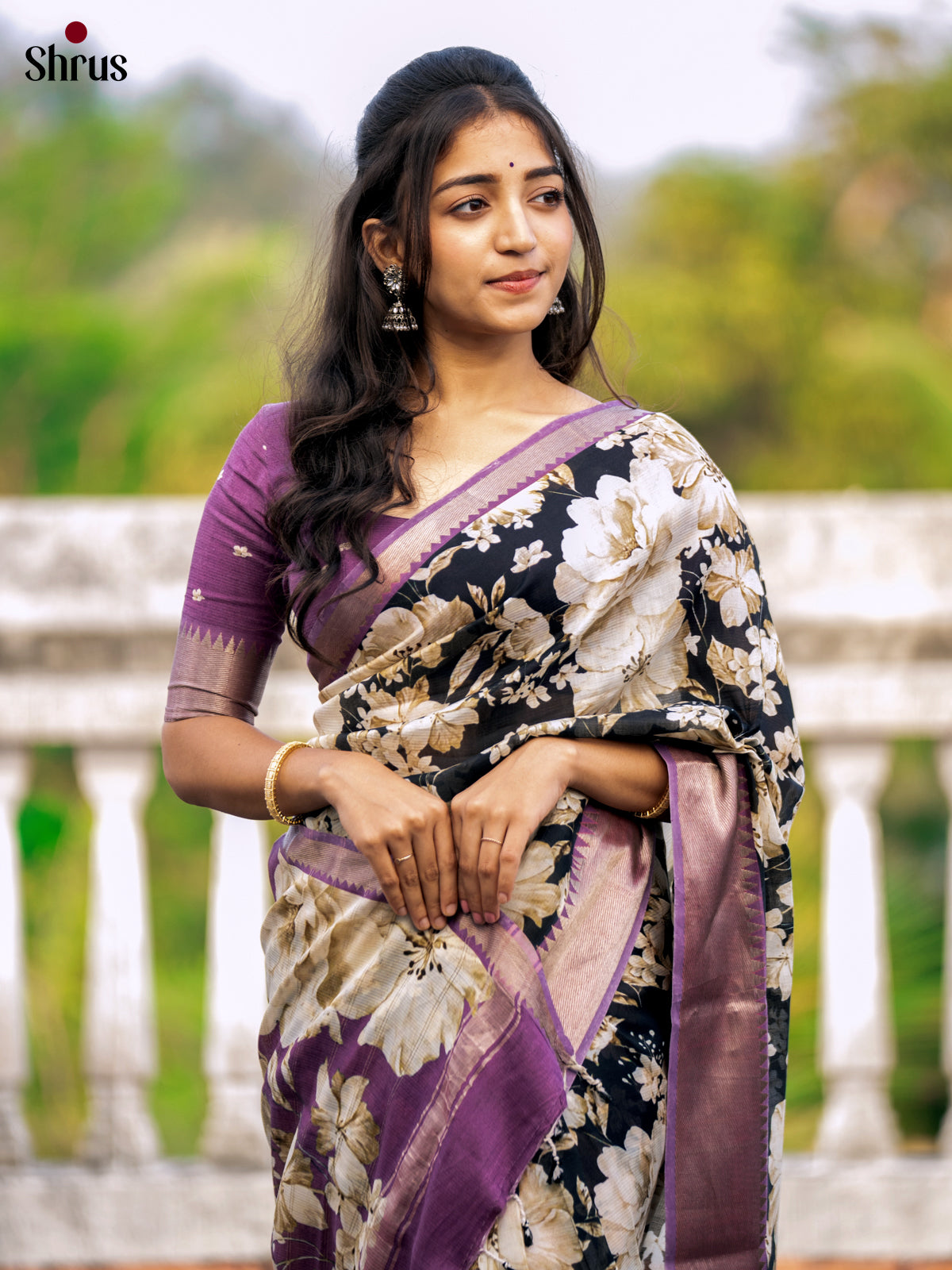 Black & Lavender - Digital Printed Mangalagiri silkcotton Saree - Shop on Shrus.com