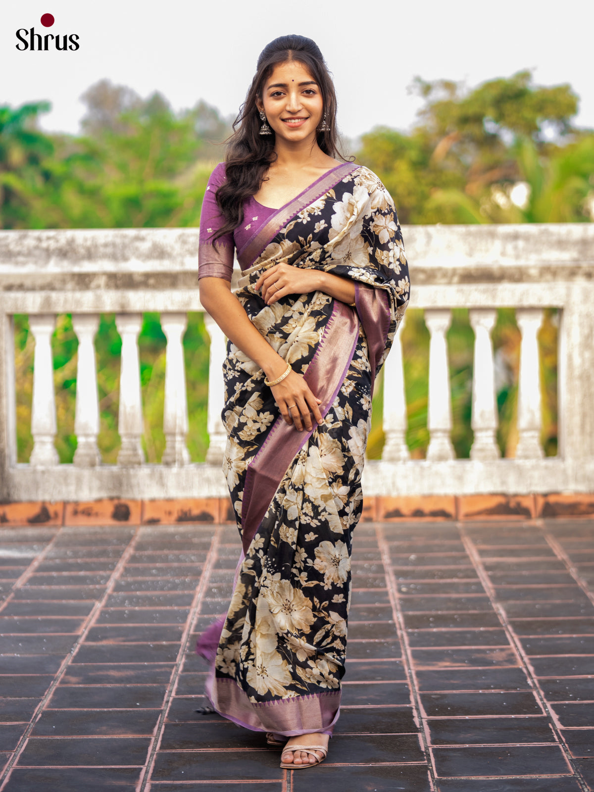 Black & Lavender - Digital Printed Mangalagiri silkcotton Saree - Shop on Shrus.com