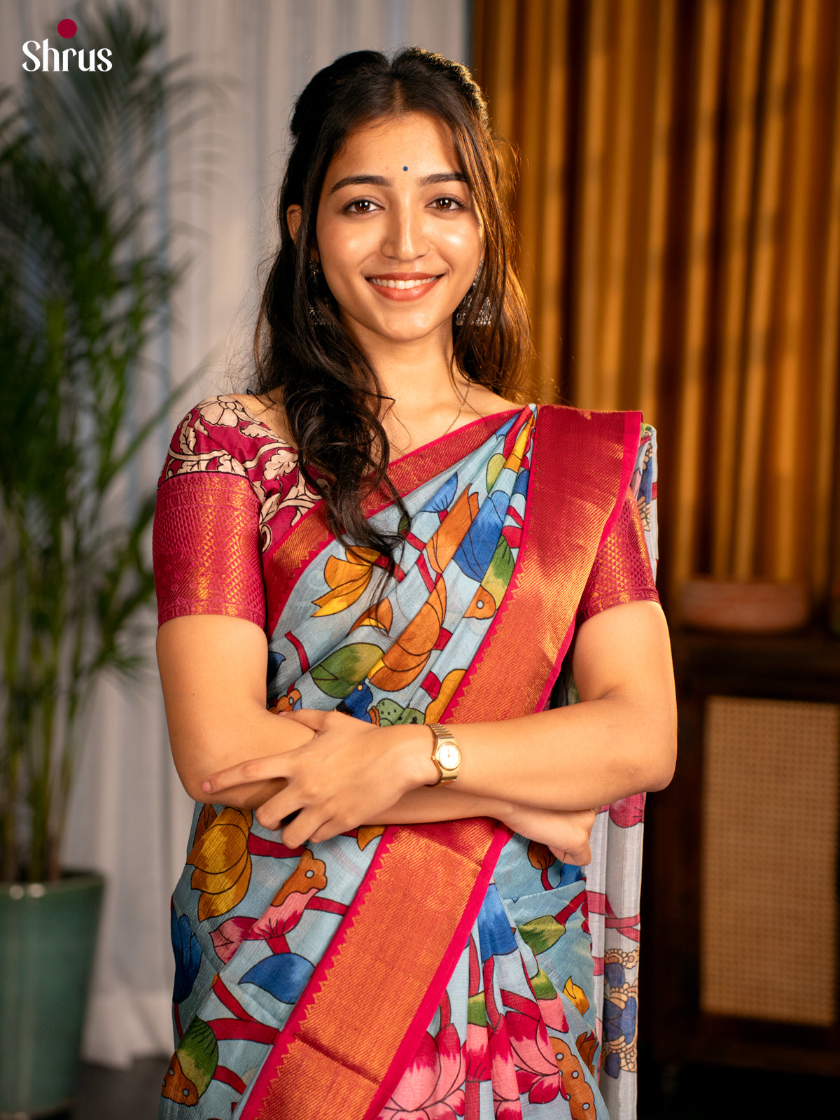 Blue & Red- Digital printed Mangalagiri silkcotton Saree - Shop on Shrus.com