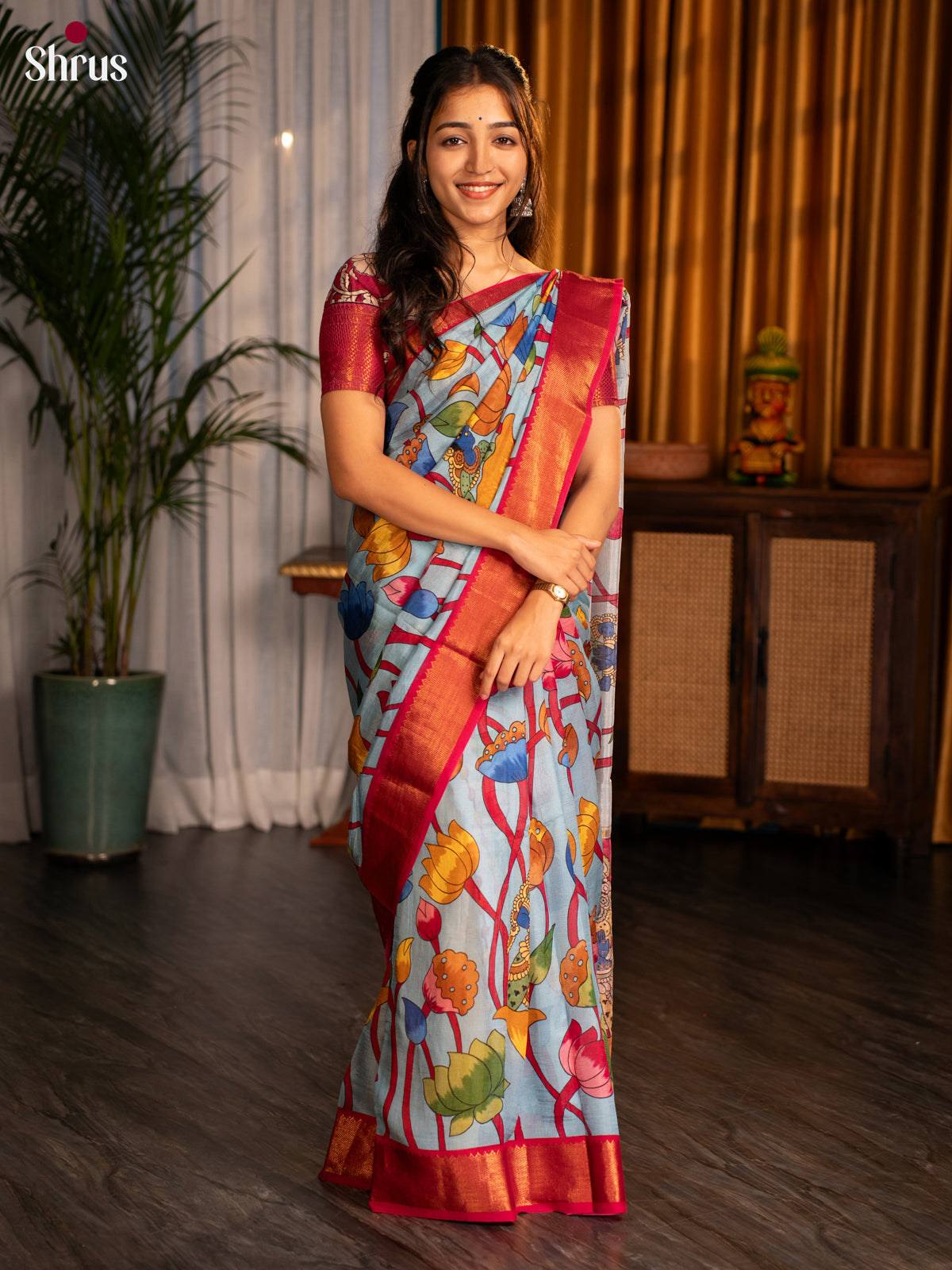 Blue & Red- Digital printed Mangalagiri silkcotton Saree - Shop on Shrus.com