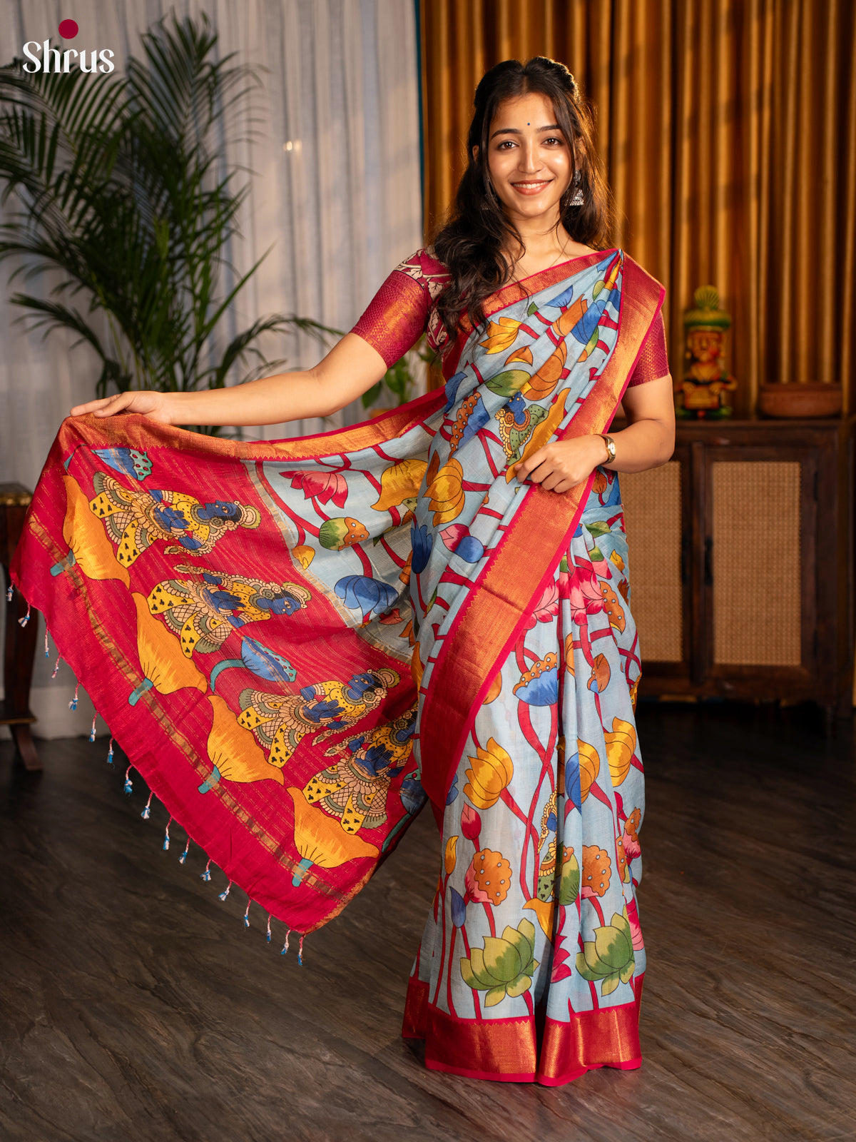 Blue & Red- Digital printed Mangalagiri silkcotton Saree - Shop on Shrus.com