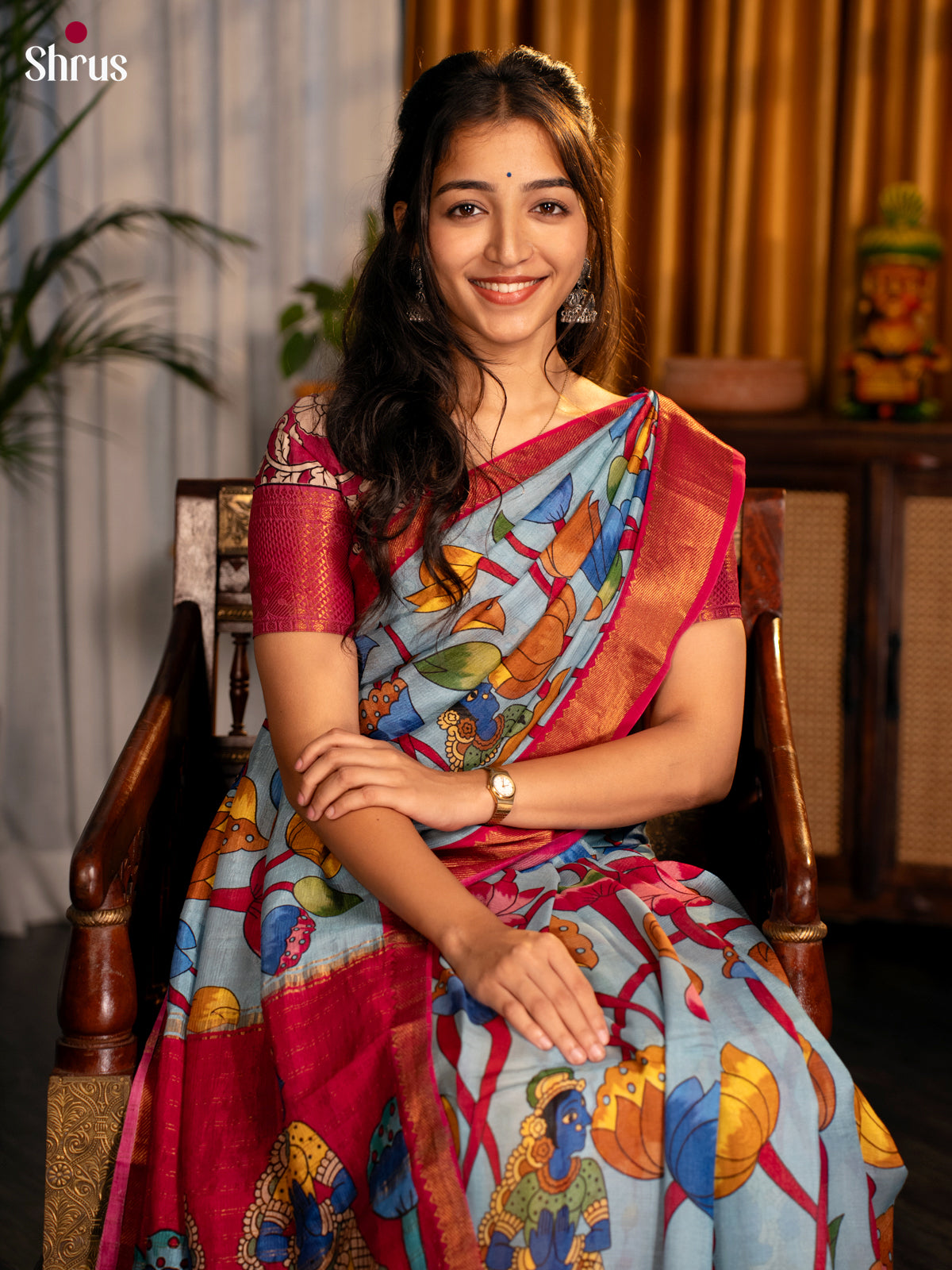 Blue & Red- Digital printed Mangalagiri silkcotton Saree - Shop on Shrus.com