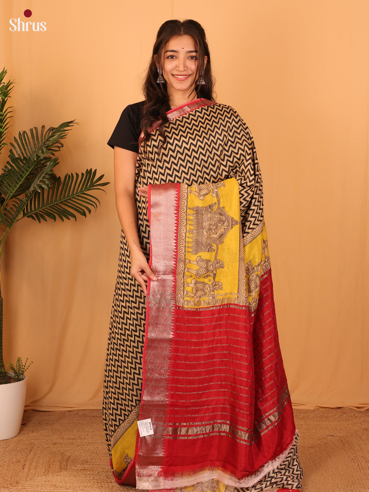 Black & Red - Digital Printed Mangalagiri silkcotton Saree - Shop on Shrus.com