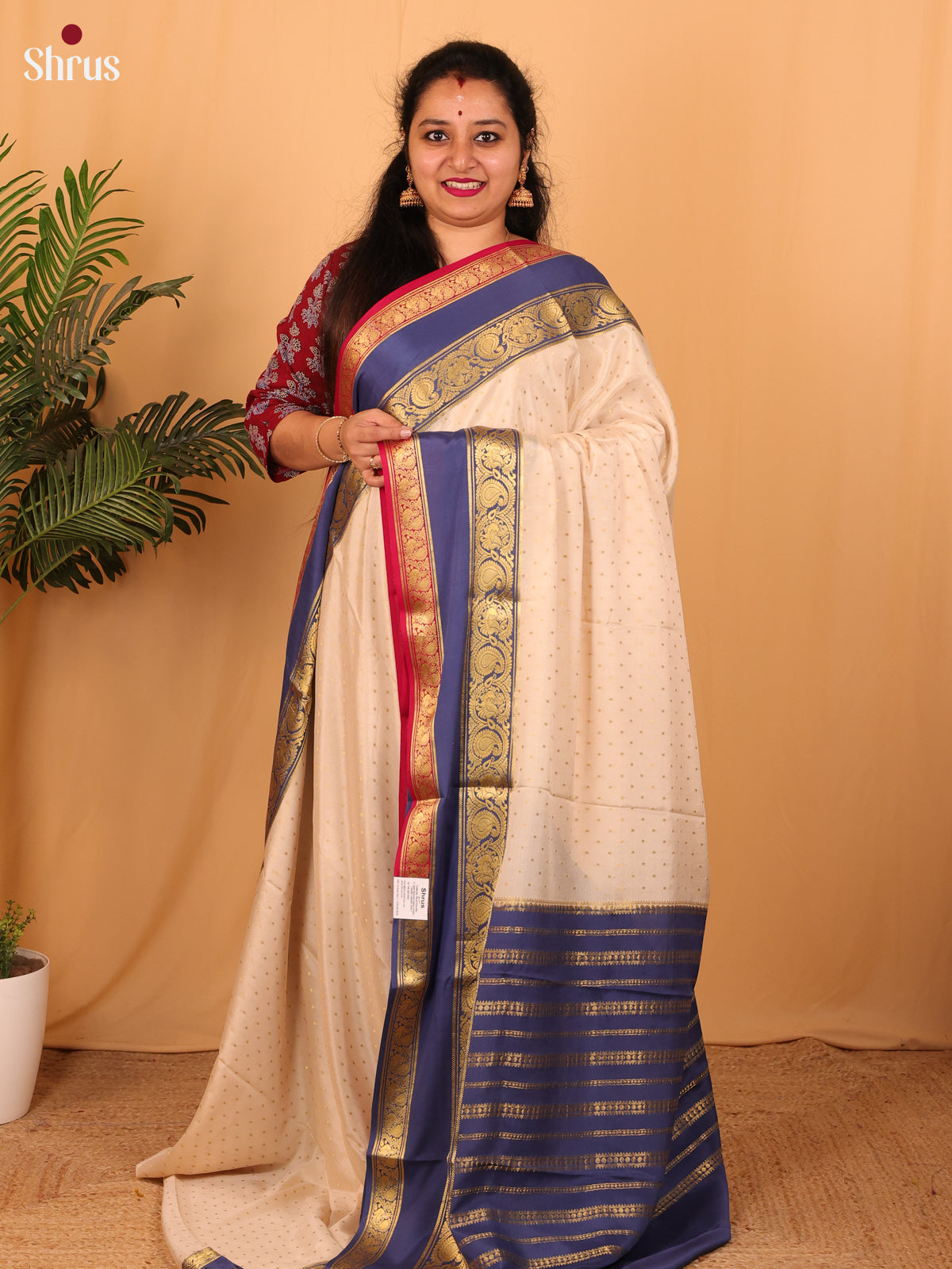 Cream & Blue - Mysore Silk Saree - Shop on Shrus.com