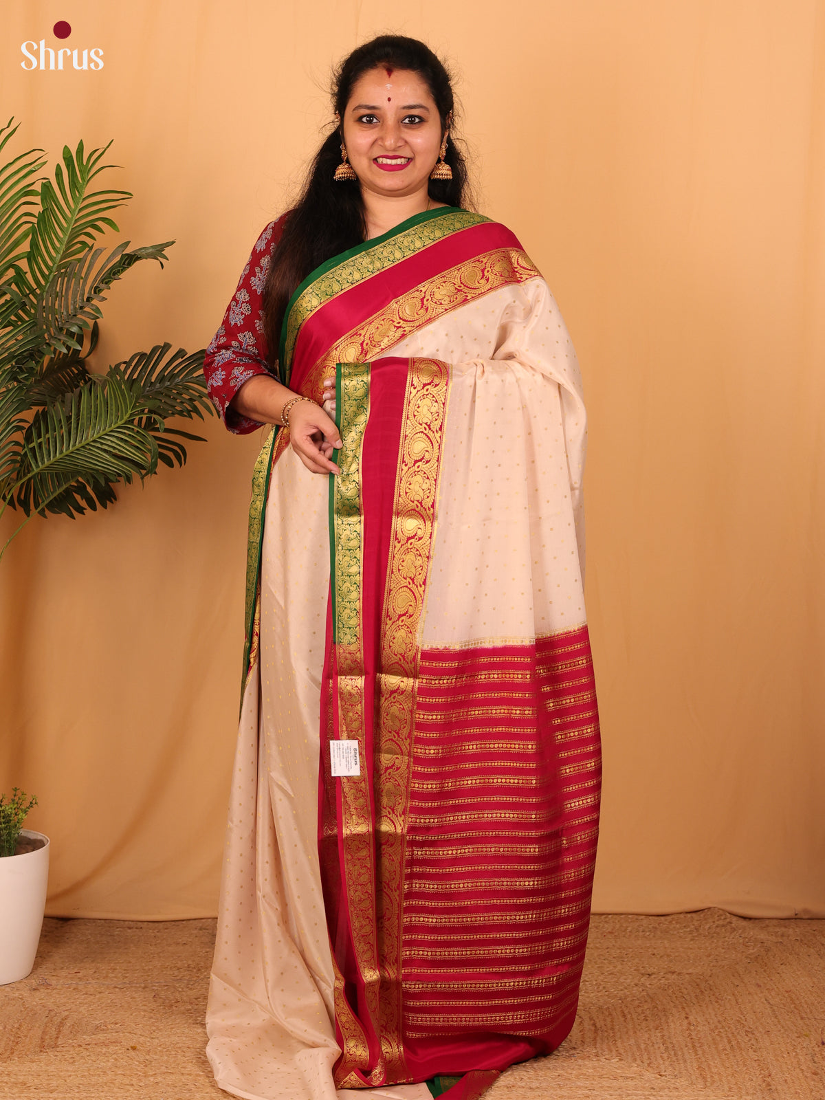Cream & Maroon- Mysore Silk Saree - Shop on Shrus.com