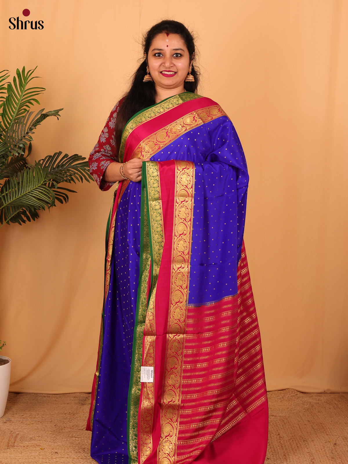 Blue & Maroon - Mysore Silk Saree - Shop on Shrus.com