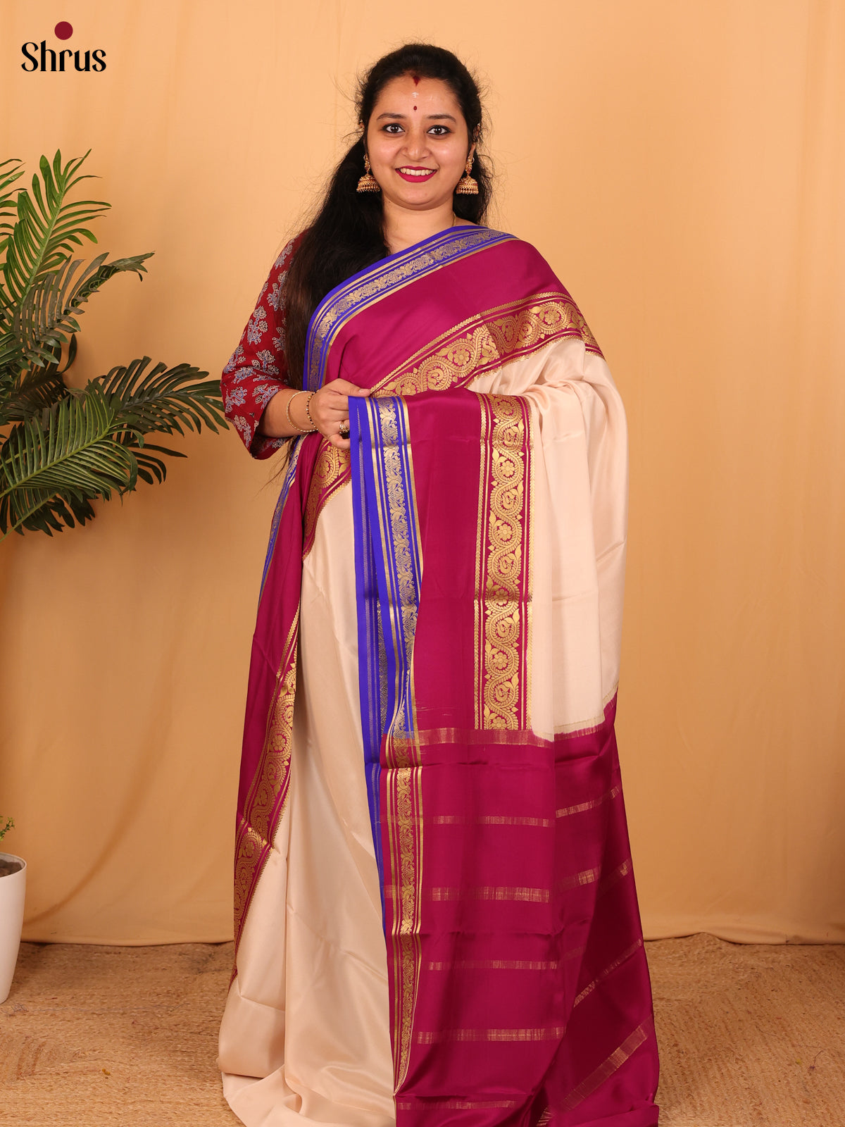 Cream & Maroon - Mysore Silk Saree - Shop on Shrus.com