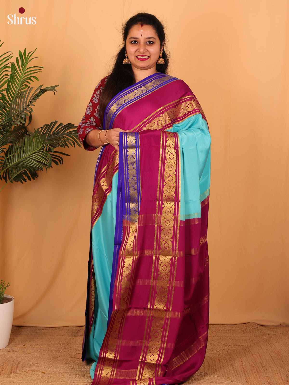 Blue & Purple - Mysore Silk Saree - Shop on Shrus.com