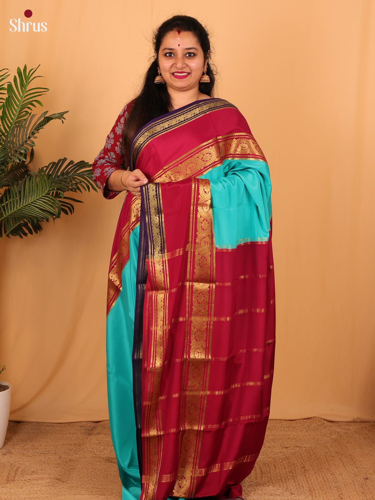 Blue & Maroon- Mysore Silk Saree - Shop on Shrus.com