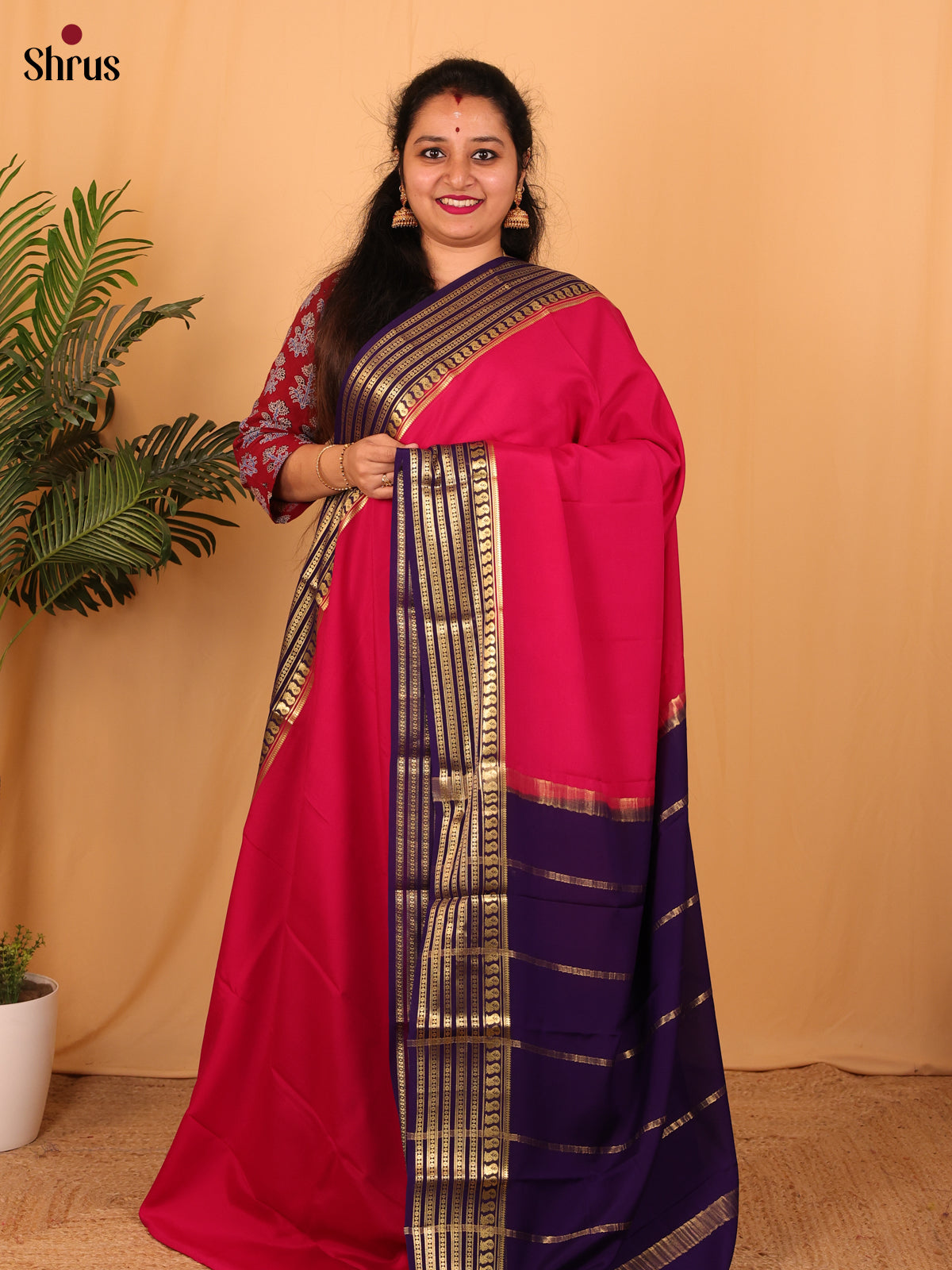 Reddish Pink & Violet - Mysore Silk Saree - Shop on Shrus.com