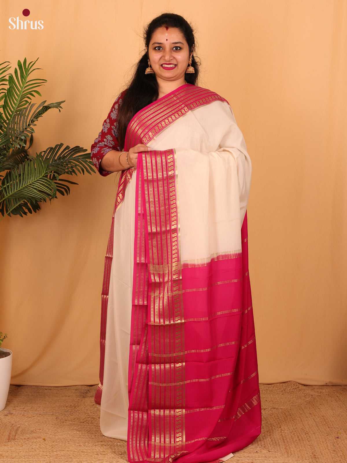 Cream & Pink - Mysore Silk Saree - Shop on Shrus.com