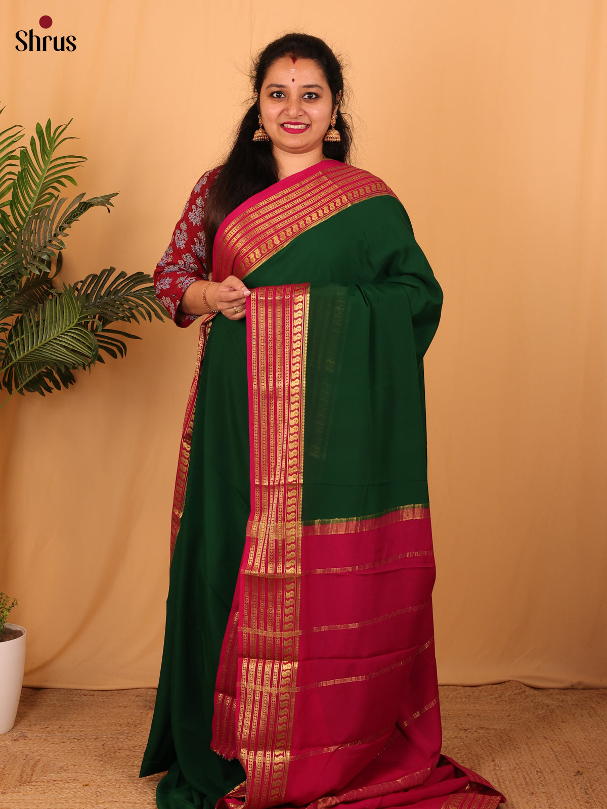 Green & Maroon - Mysore Silk Saree - Shop on Shrus.com