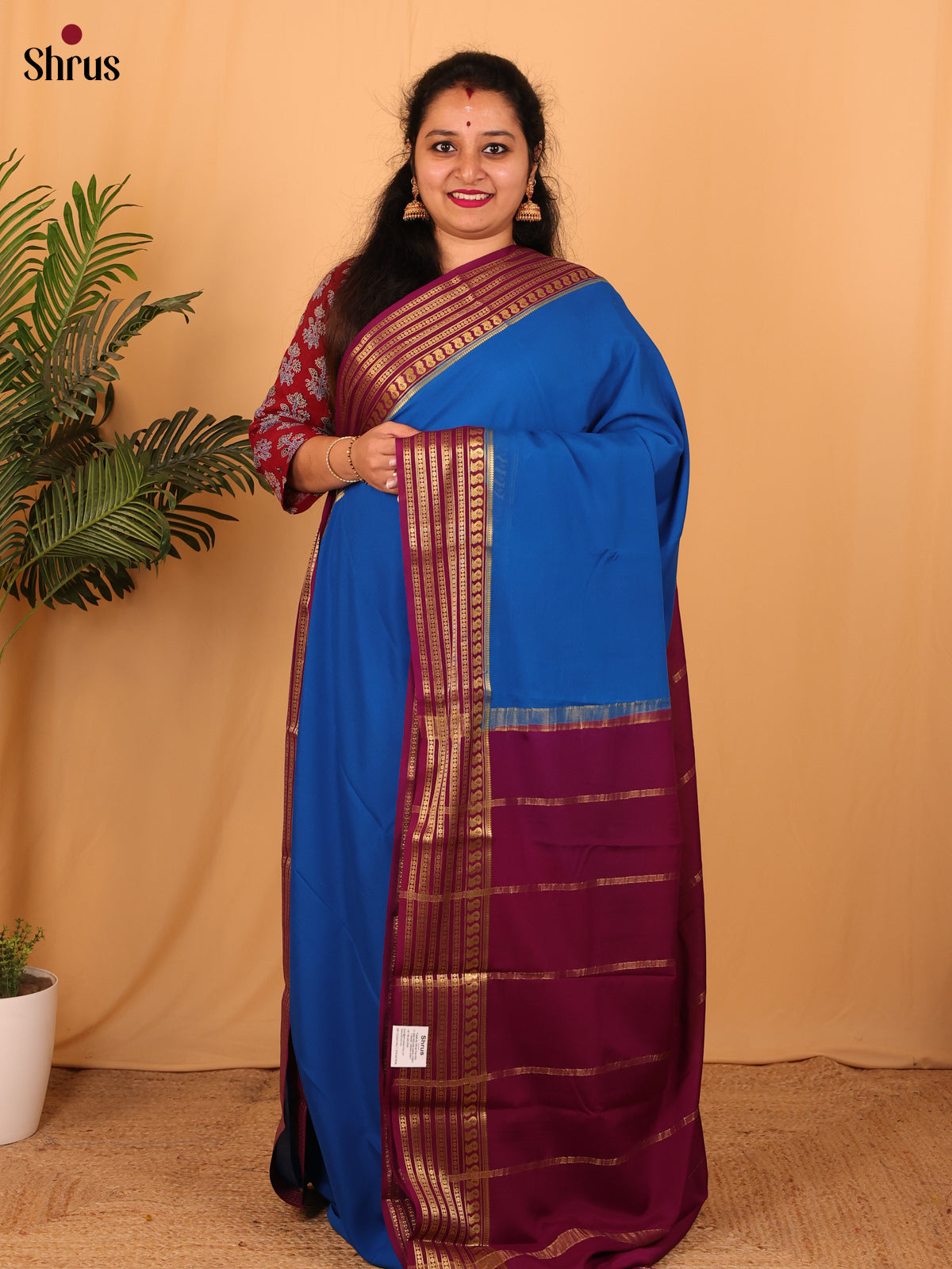 Blue & Maroon - Mysore Silk Saree - Shop on Shrus.com