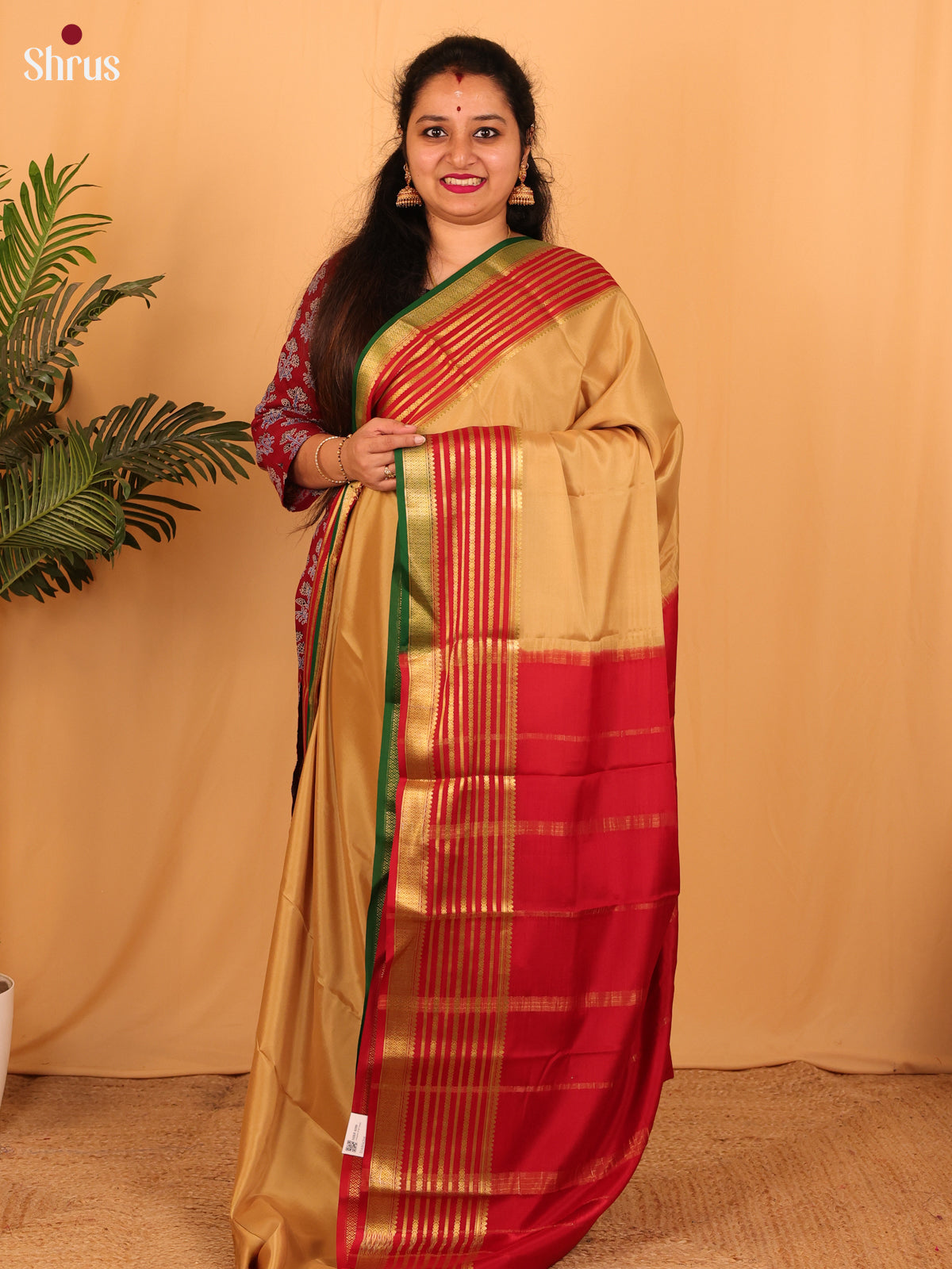 Beige & Maroon - Mysore Silk Saree - Shop on Shrus.com
