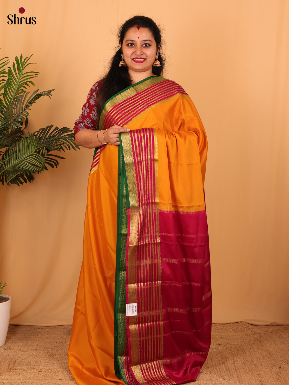 Orange & Maroon - Mysore Silk Saree - Shop on Shrus.com