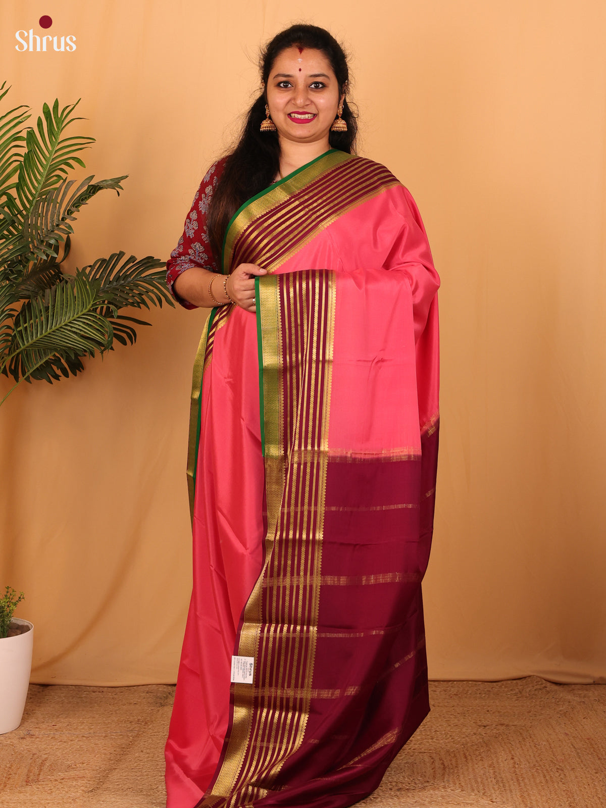 Pink & Maroon - Mysore Silk Saree - Shop on Shrus.com